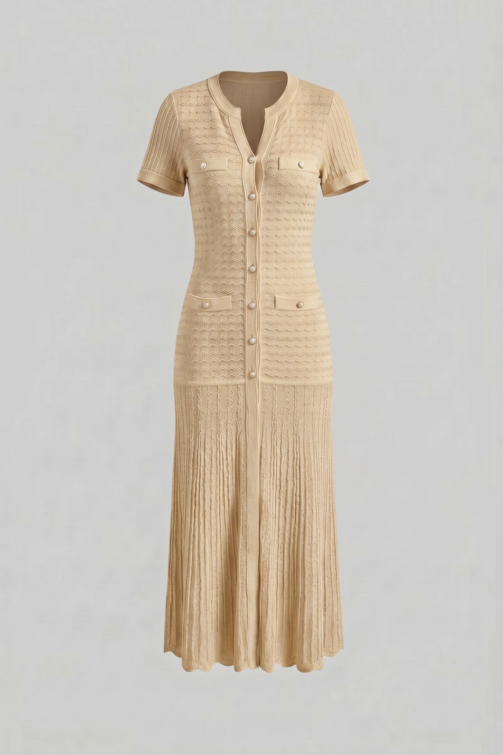 Robe midi à manches courtes avec texture en maille scintillante - Beige