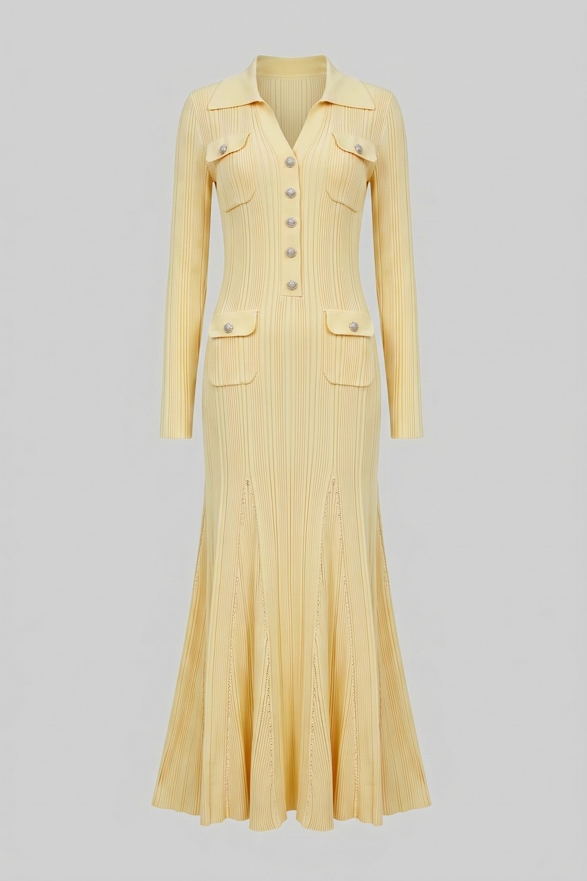 Robe longue en maille à manches longues avec boutonnage frontal et poches plaquées - Jaune
