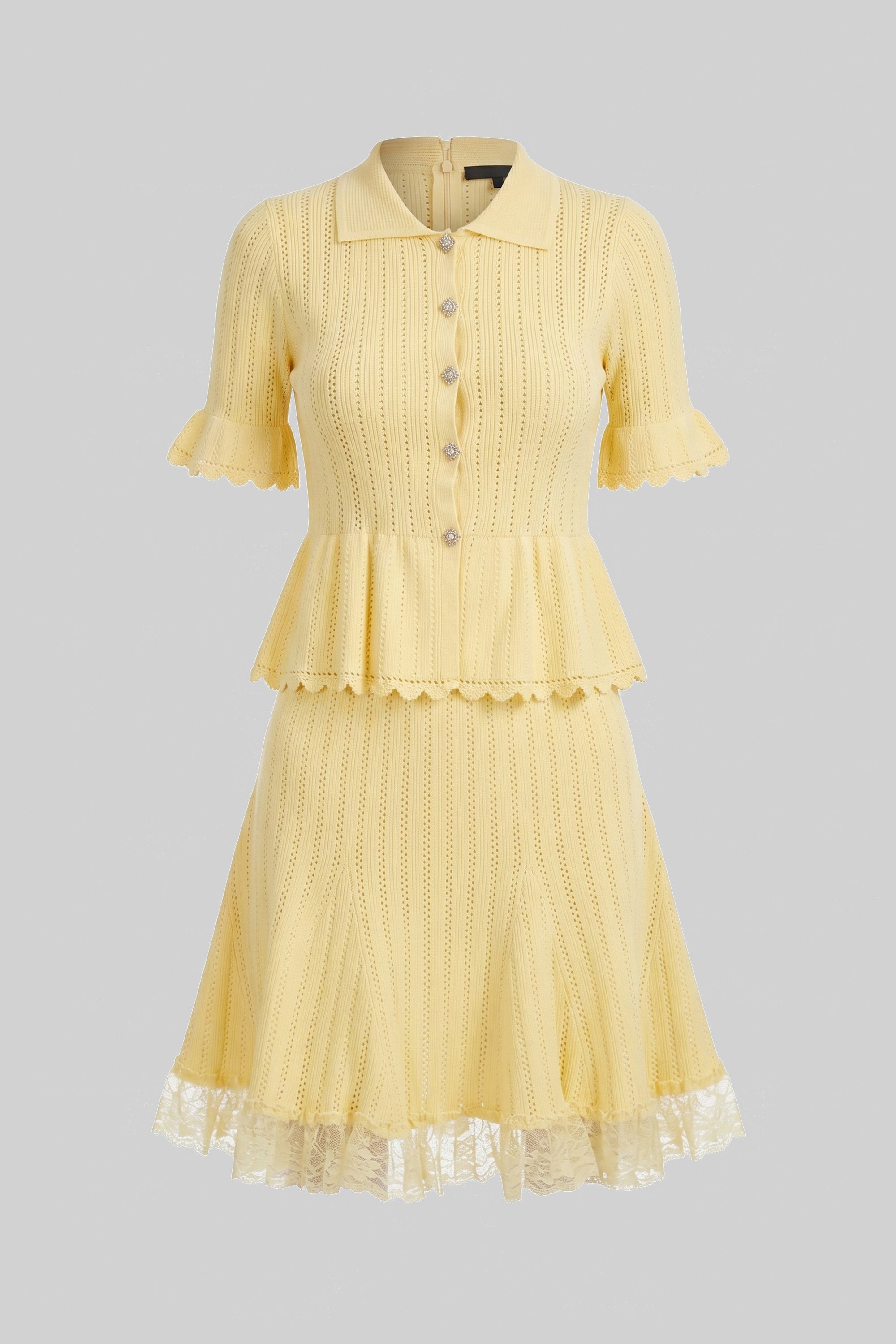 Robe mini en maille à basque avec col Peter Pan et ourlet en dentelle - Jaune