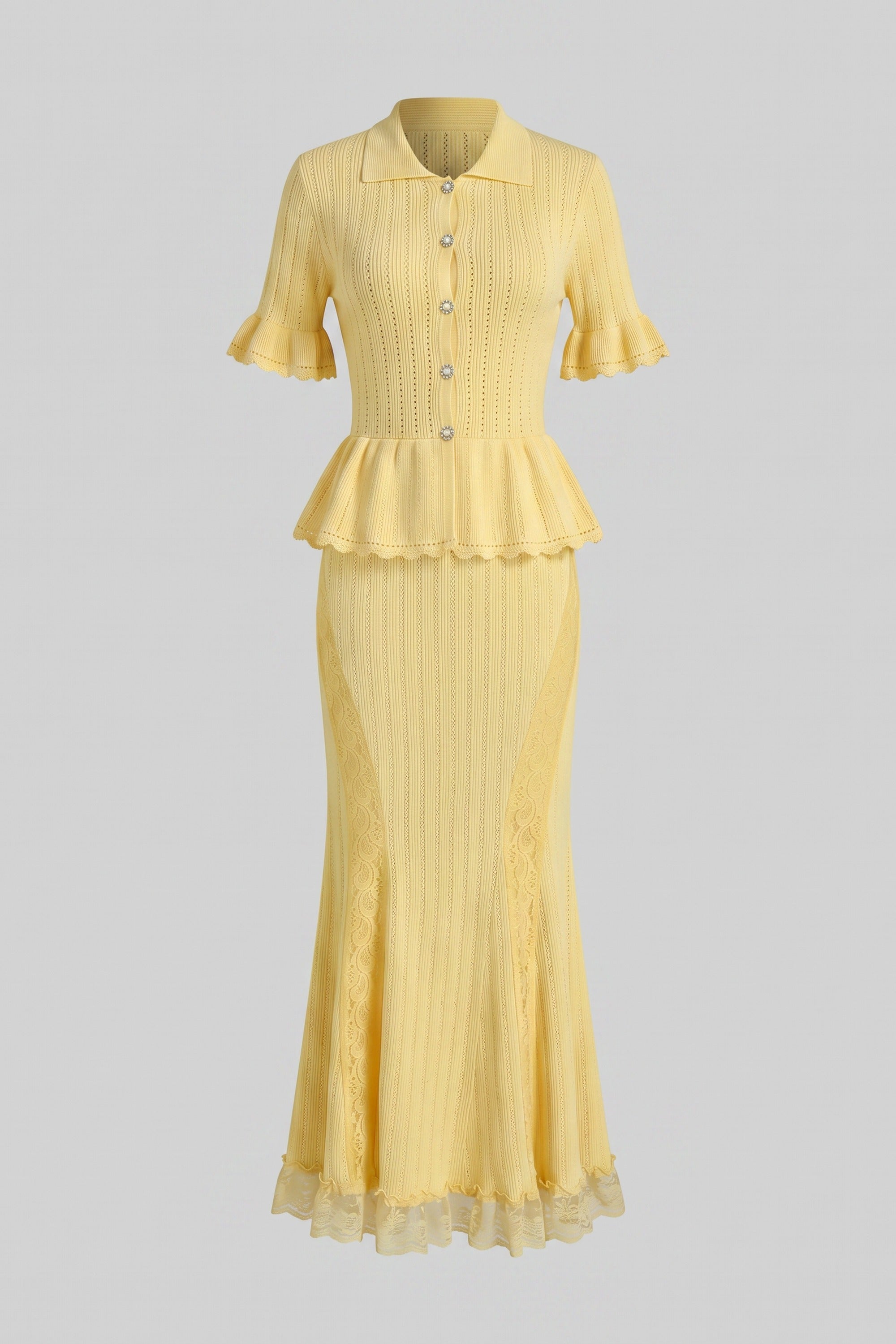 Robe maxi péplum en maille avec col Peter Pan et ourlet en dentelle - Jaune