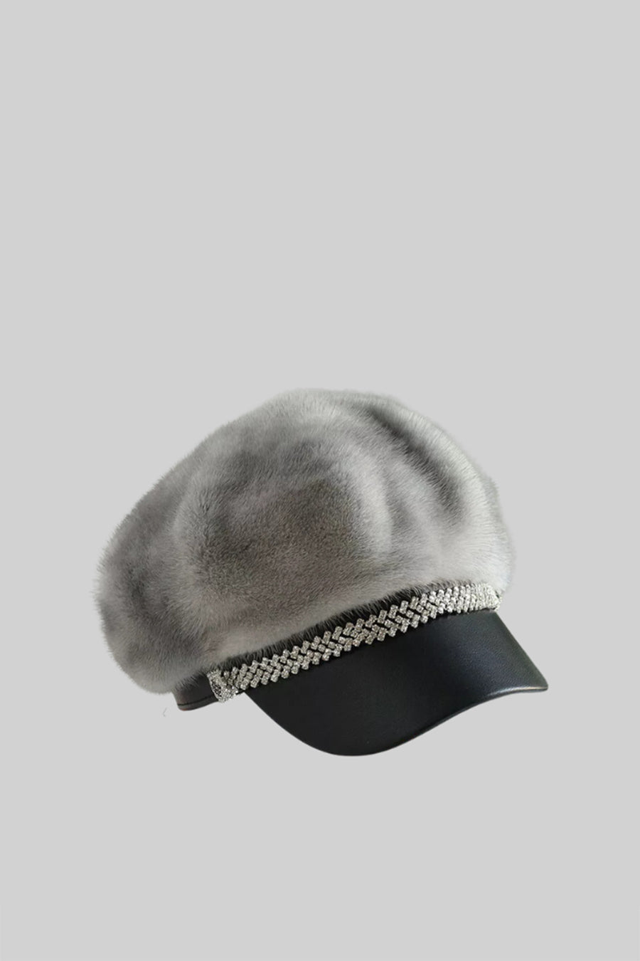 Chapeau en fourrure de vison avec visière en cuir - Gris