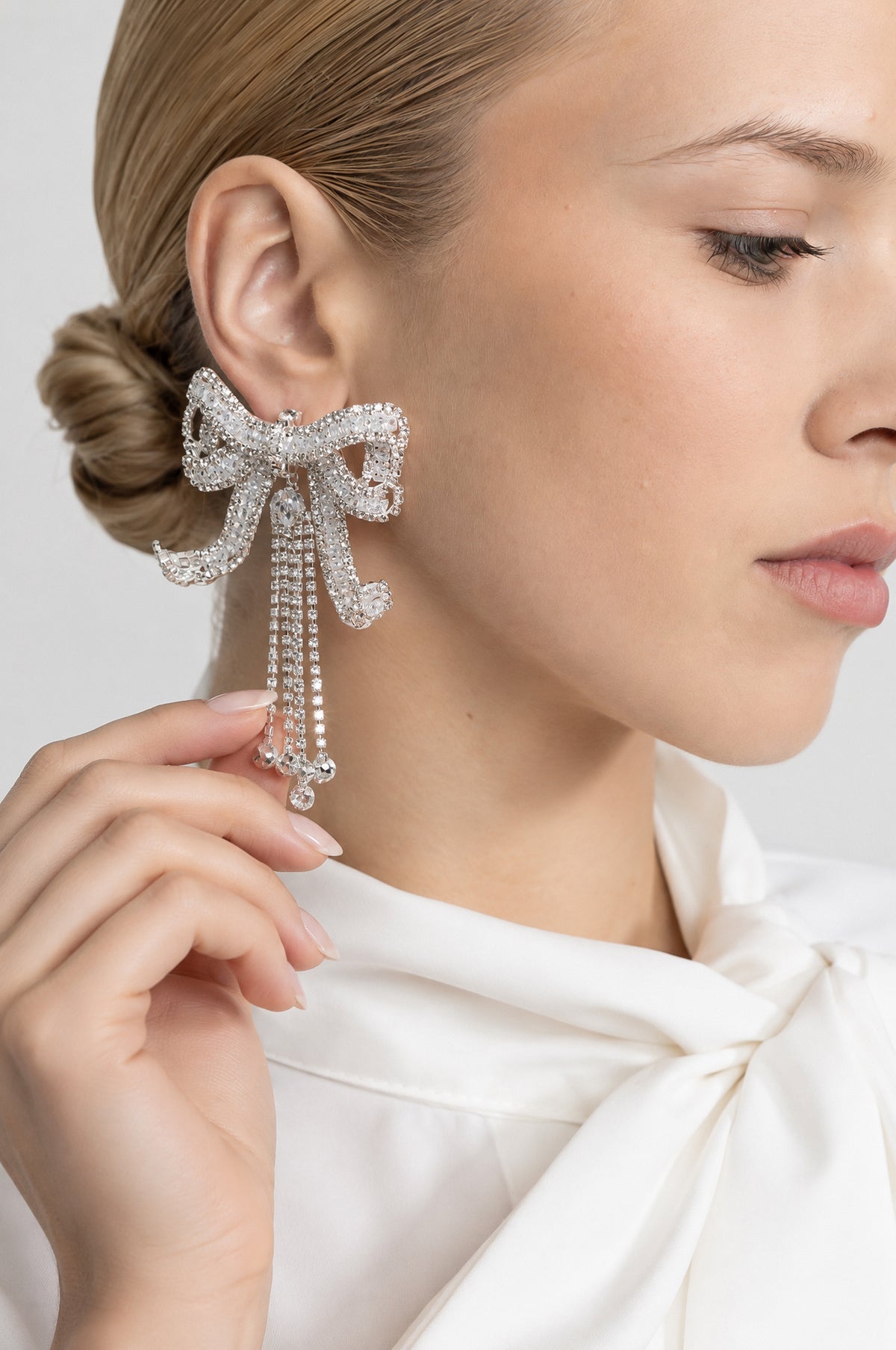 Crystal Bow Fringe Drop Earrings - Silver
