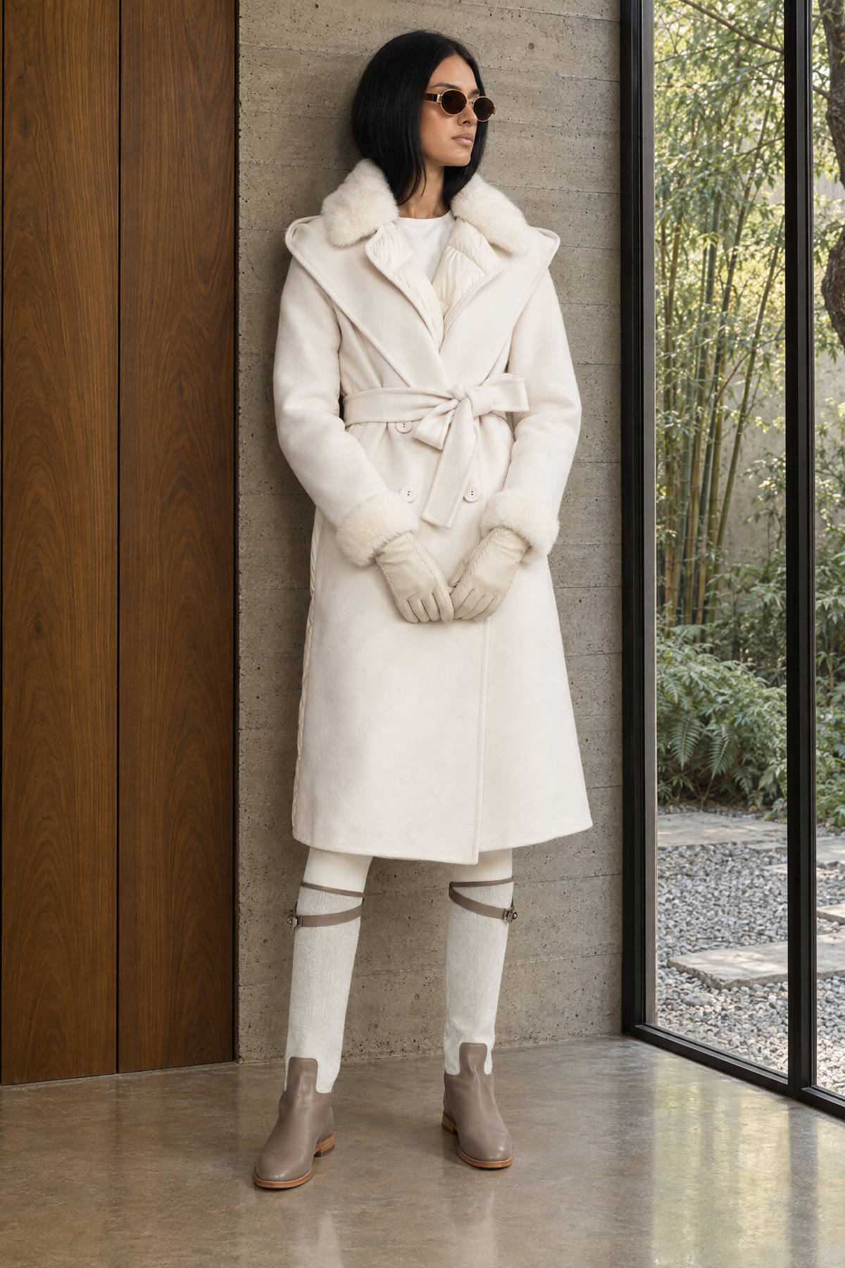 Manteau portefeuille en laine matelassé au dos, à capuche, avec bordure en fourrure - Ivoire