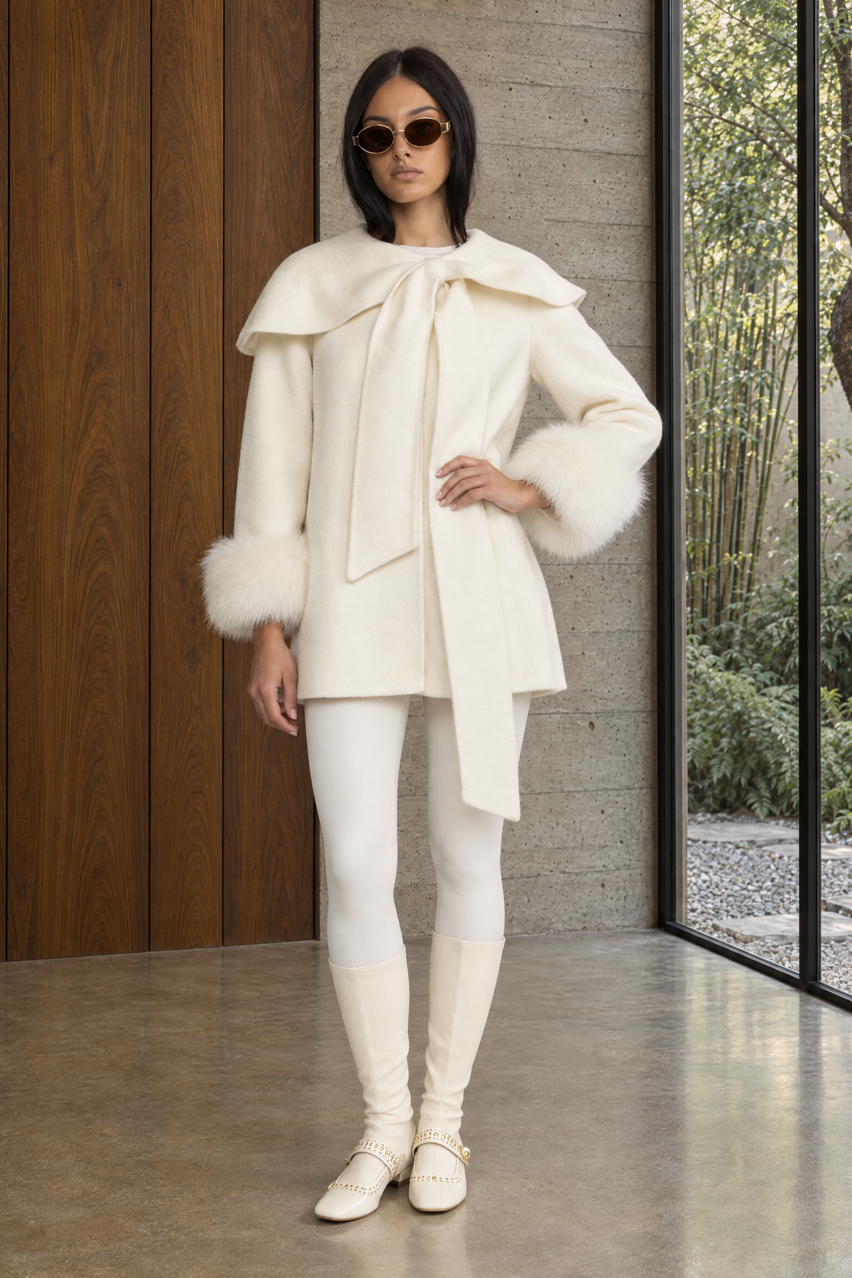 Veste en laine à col capelet avec nœud et poignets effet fourrure - Ivoire