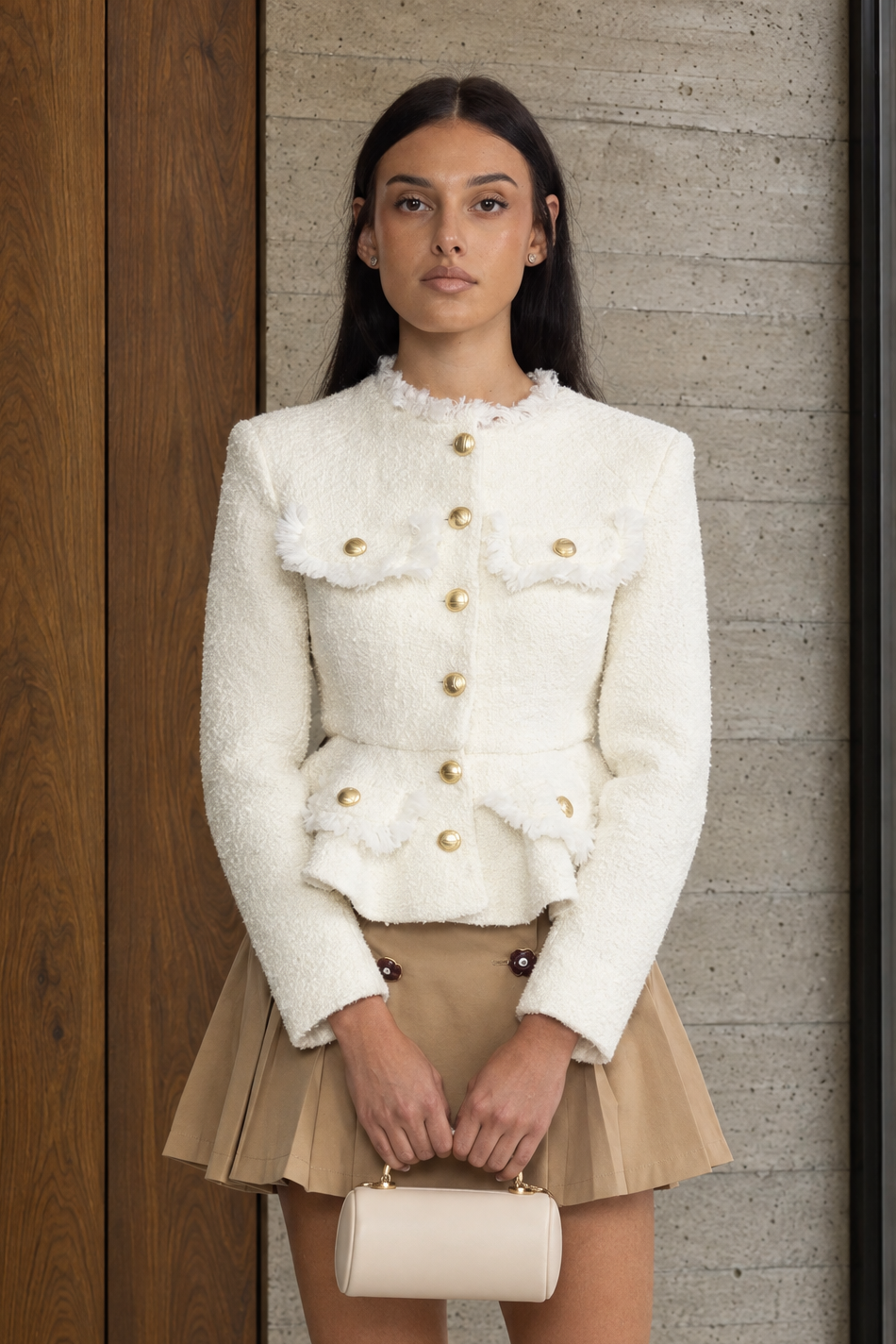Veste peplum en tweed à finitions effilochées - Ivoire