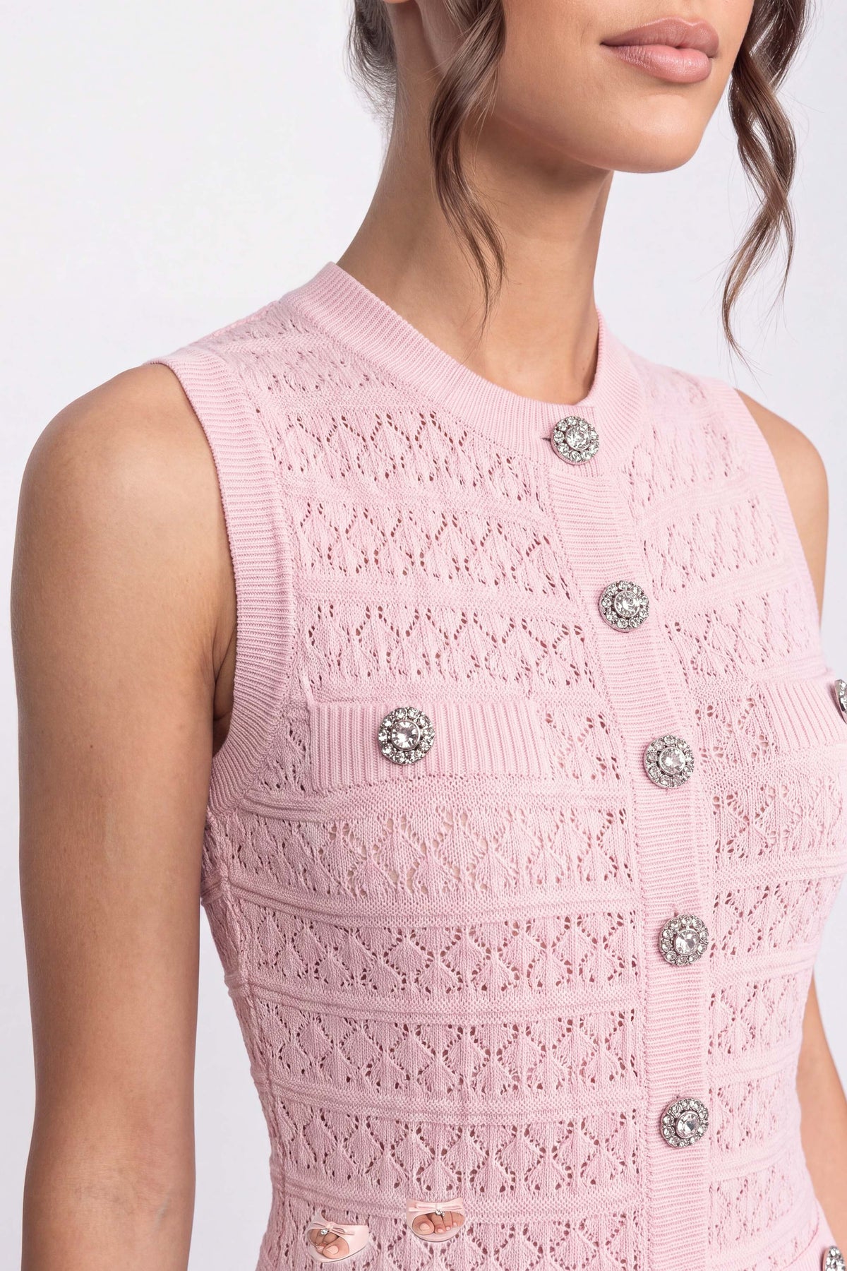 Robe mini en maille à boutons sur le devant avec encolure ronde - Rose