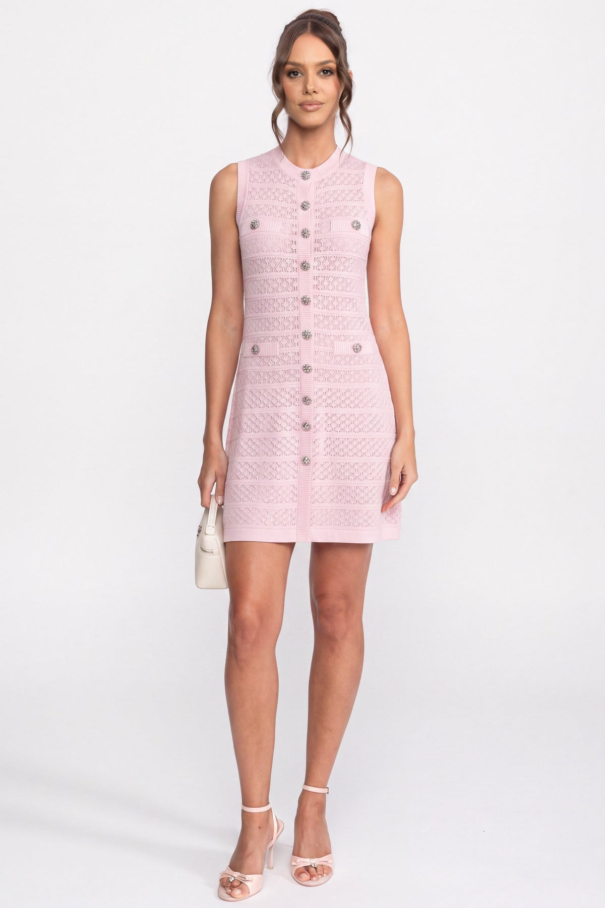 Robe mini en maille à boutons sur le devant avec encolure ronde - Rose