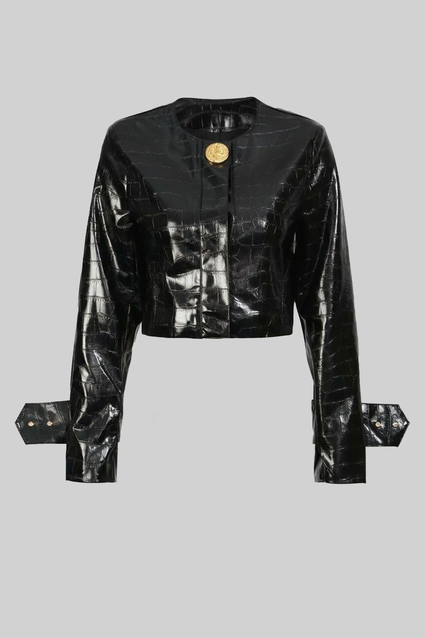 Croc-Effect Cropped Jacket With Gold Button Closure - Black