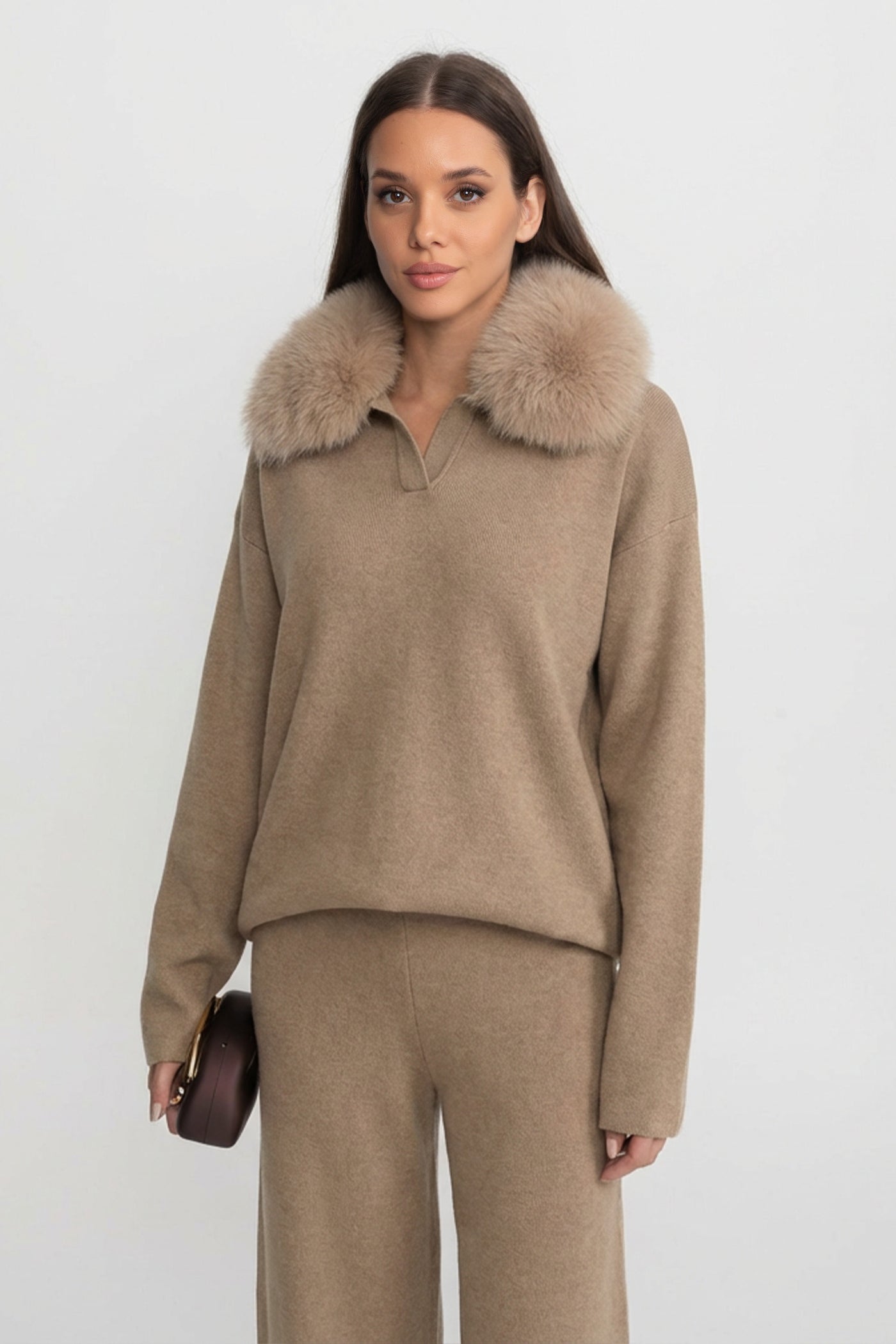 Knit Lounge Co-Ord Set with Fox Fur Collar – Khaki