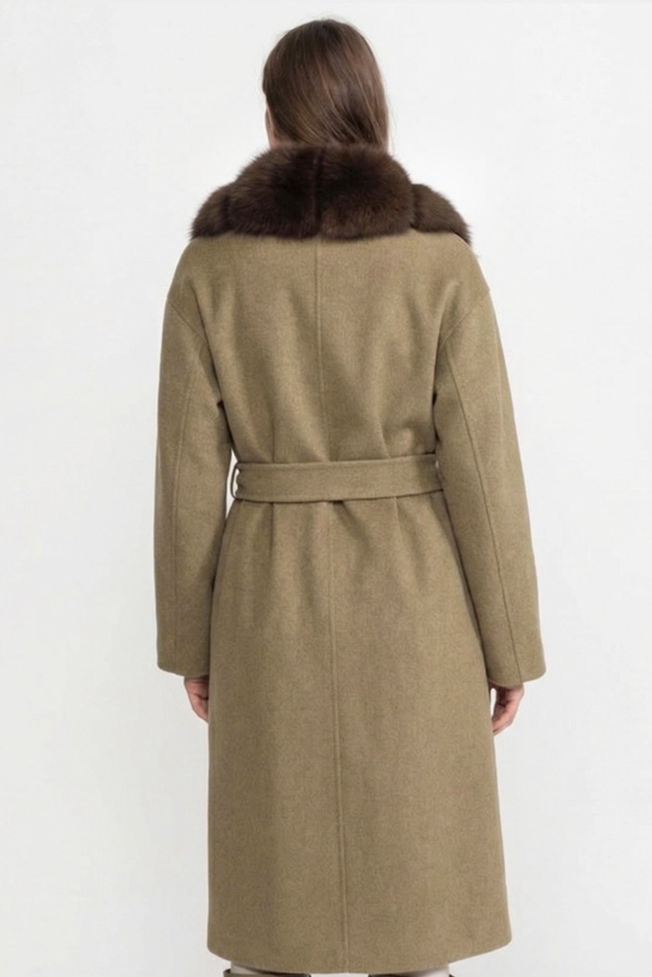 Wool Long Coat with Fox Fur Front – Khaki
