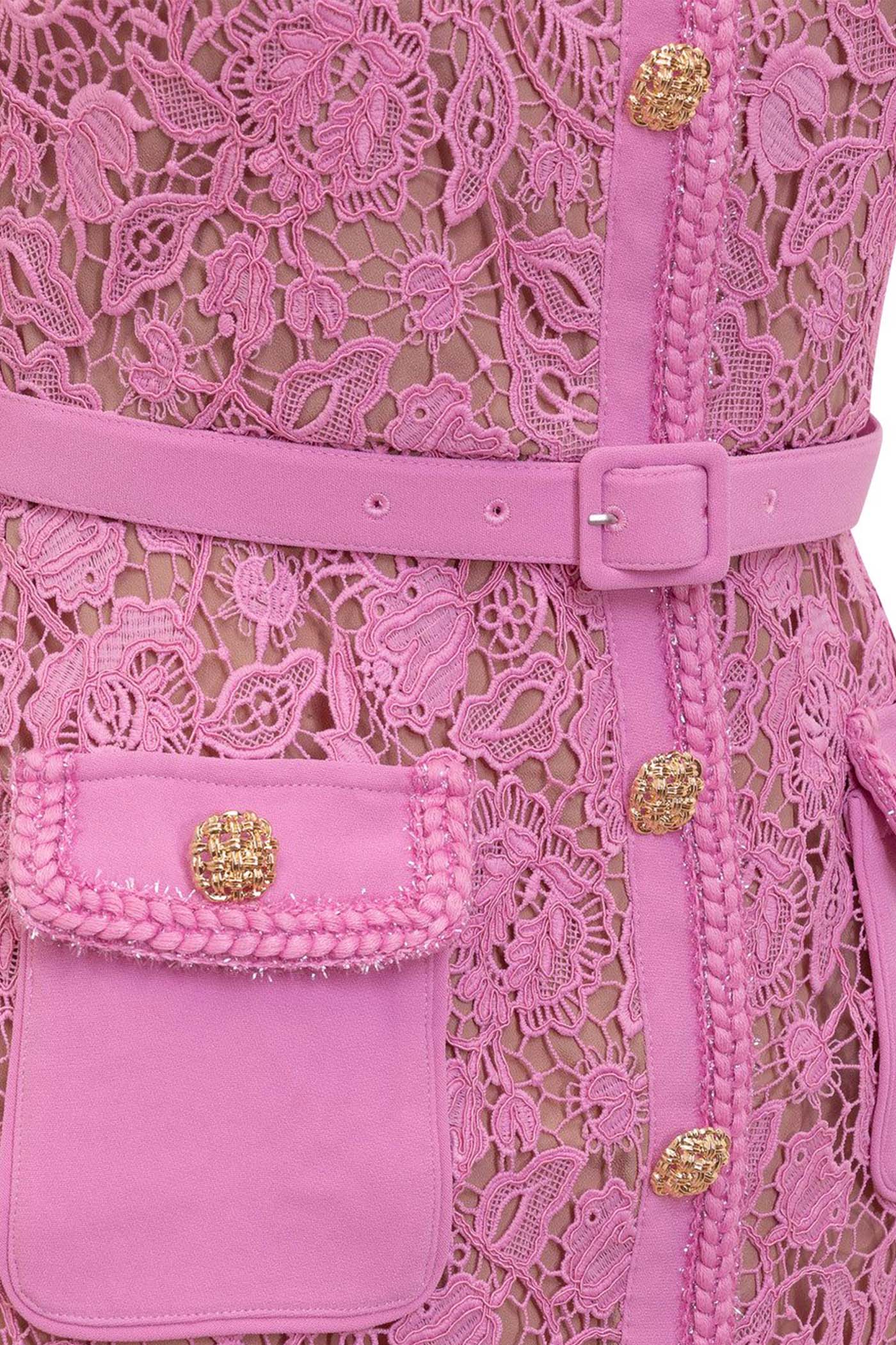 Robe Midi en Dentelle à Manches Courtes Exquise - Rose