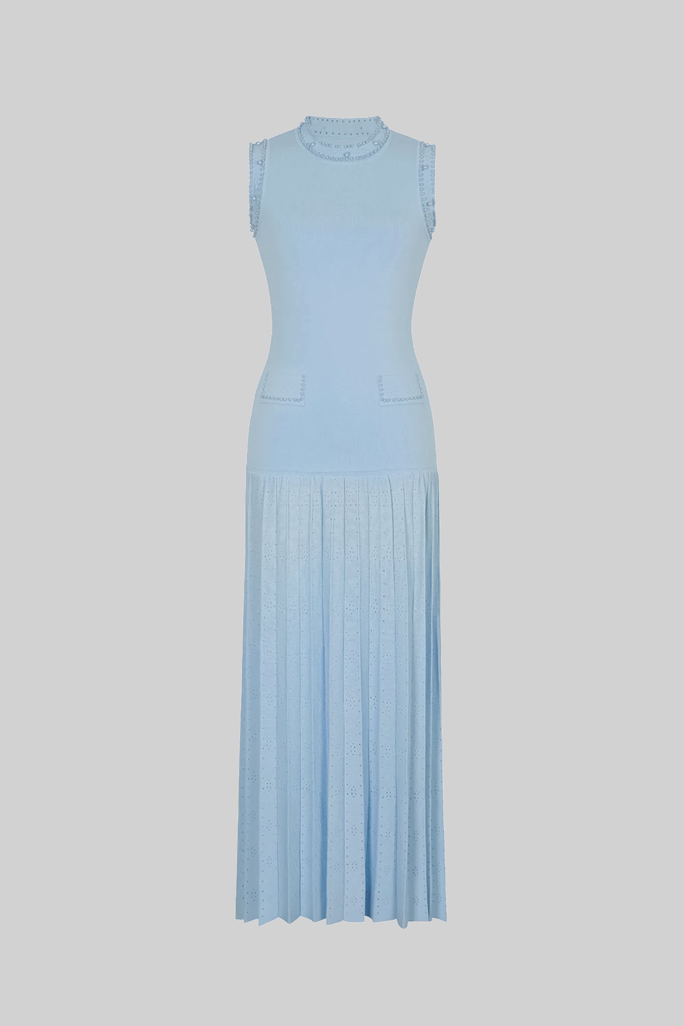 Robe midi sans manches en maille ornée de perles - Bleu