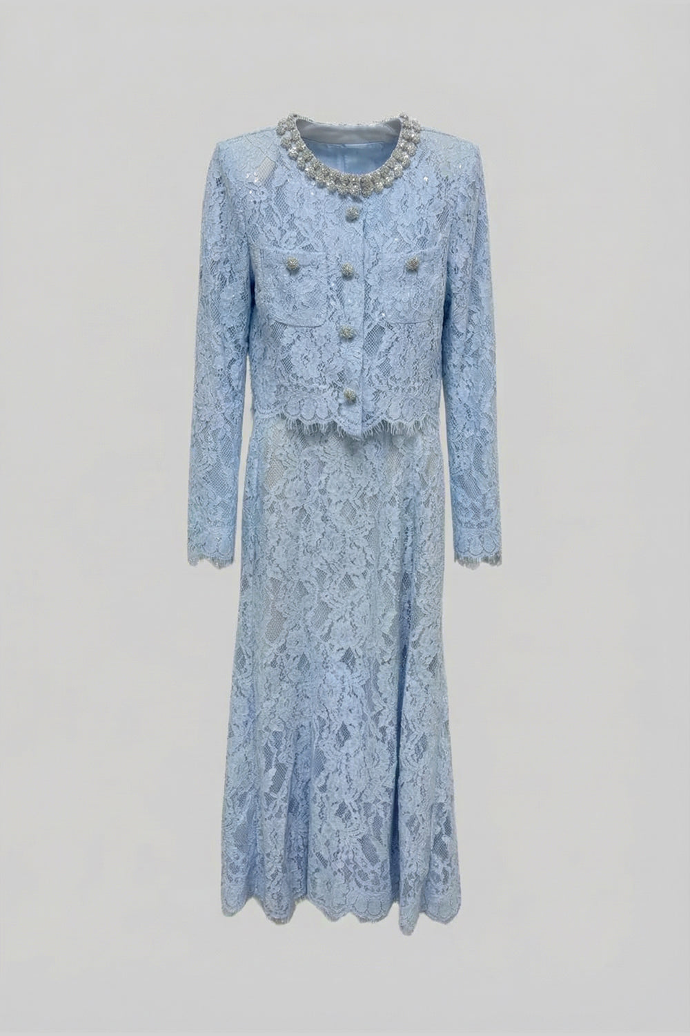 Lace Co-Ord With Sparkling Neckline Embellishments And Midi Skirt - Blue