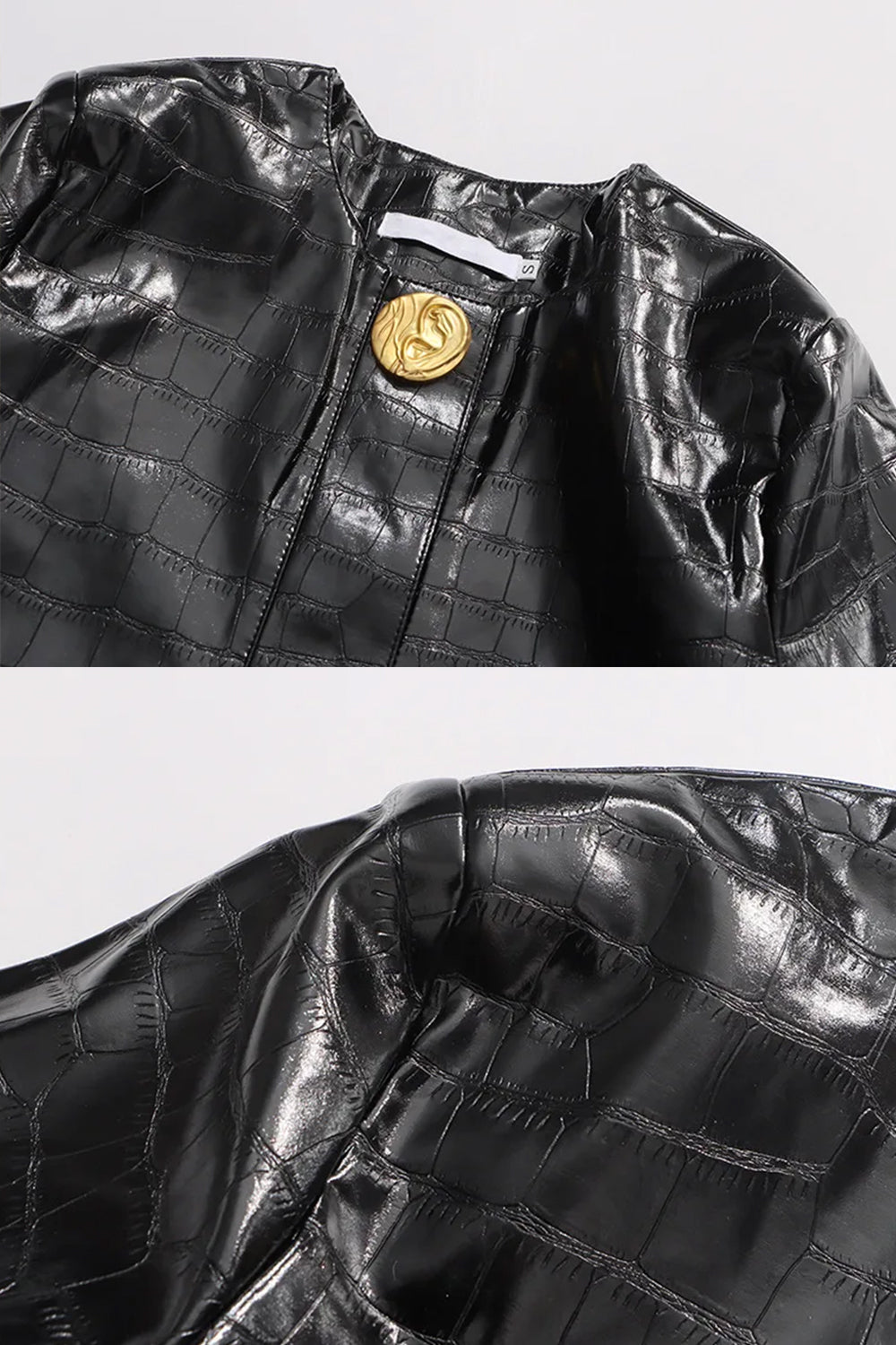 Veste Courte Effet Croco Avec Fermeture Bouton Or - Noir