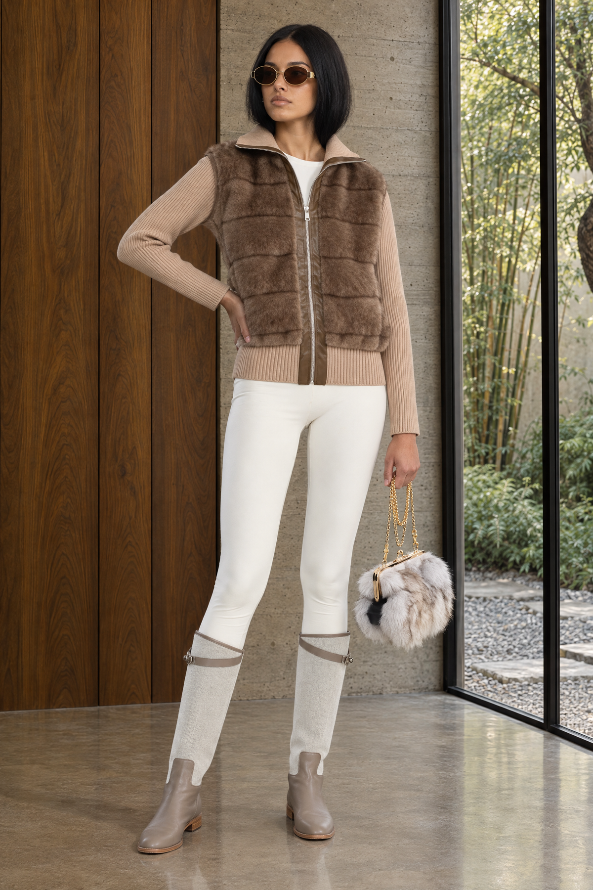 Veste zippée à manches en maille à panneaux duveteux - Mocha