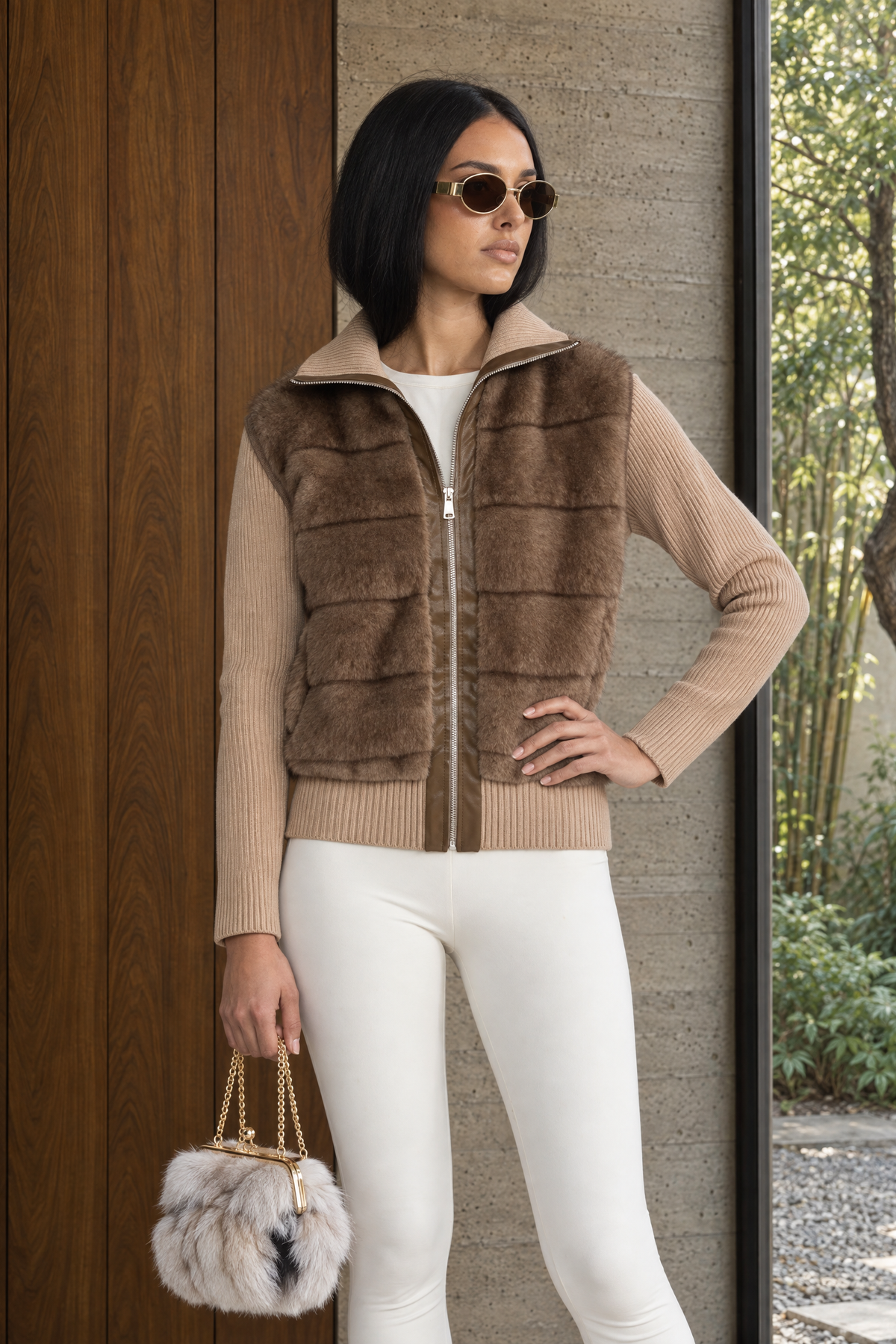 Veste zippée à manches en maille à panneaux duveteux - Mocha