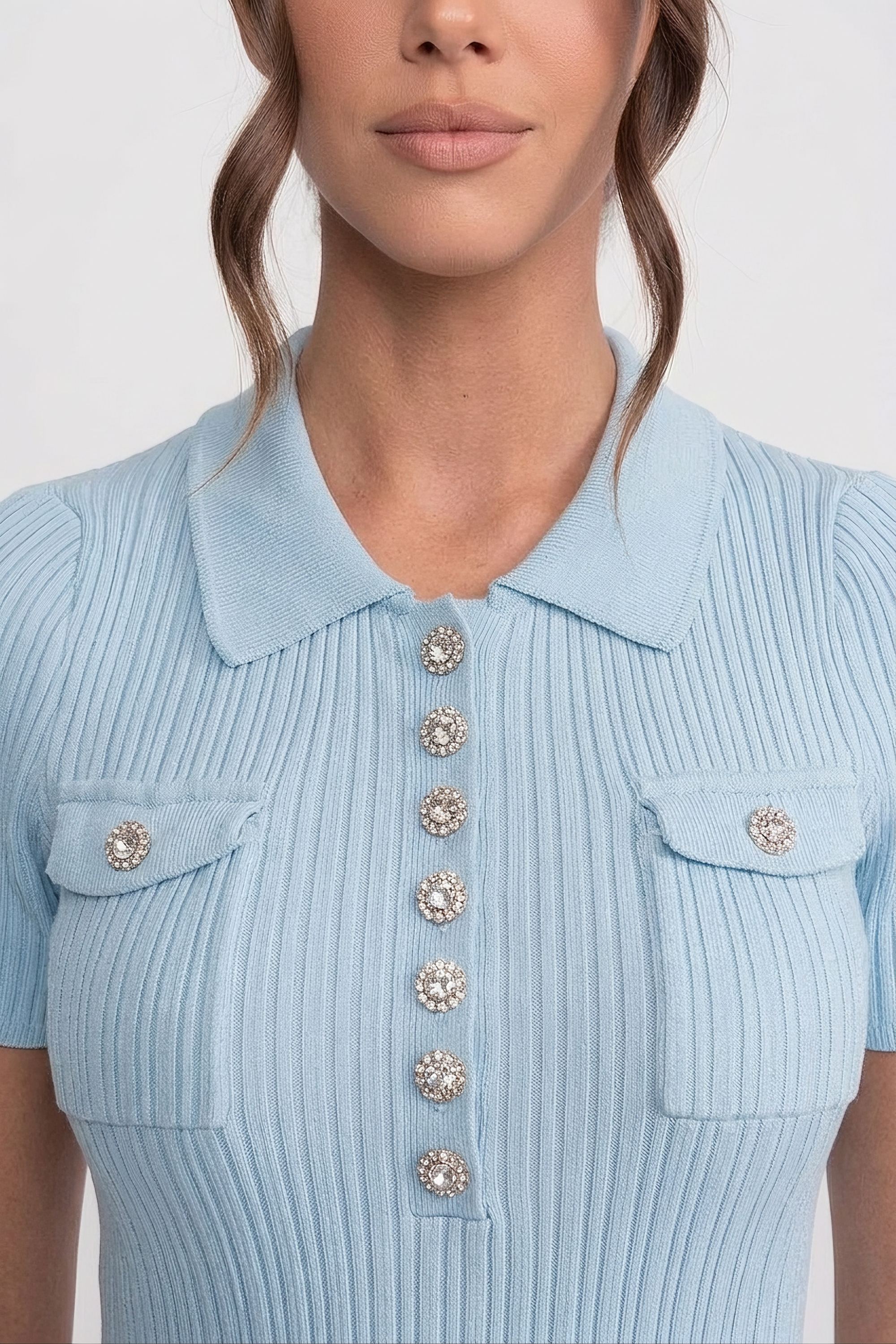 Robe mini en maille côtelée boutonnée sur le devant - Baby Blue