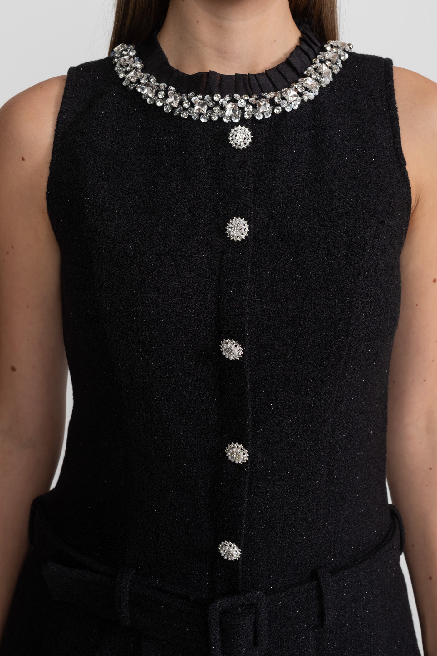 Robe Mini en Tweed Ornée de Cristaux avec Ceinture – Noir