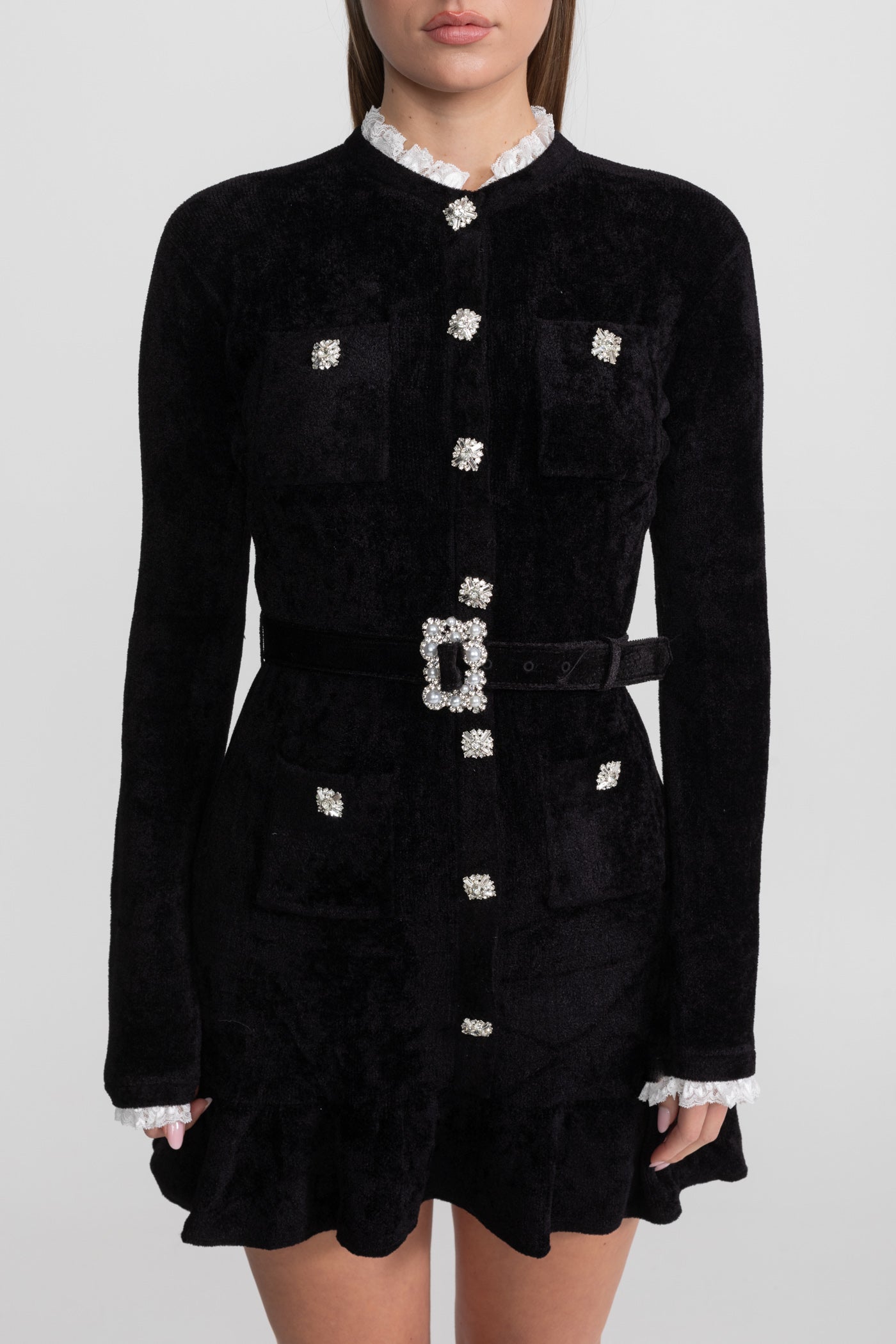 Knit Crystal-Button Mini Dress With Matching Belt – Black