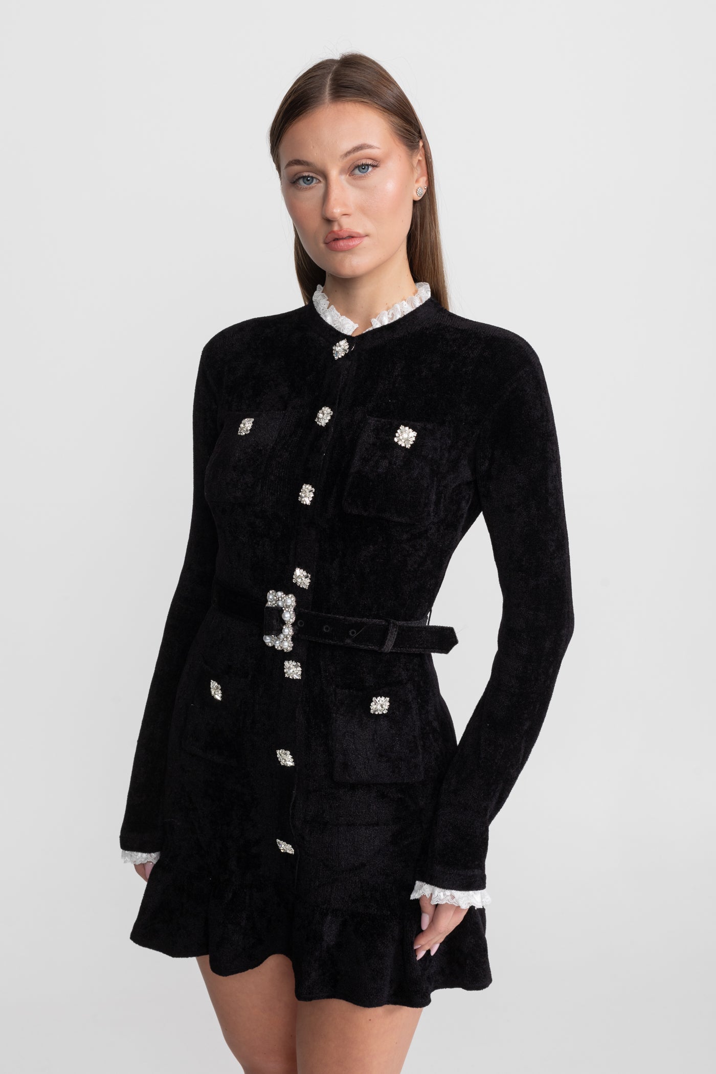 Knit Crystal-Button Mini Dress With Matching Belt – Black