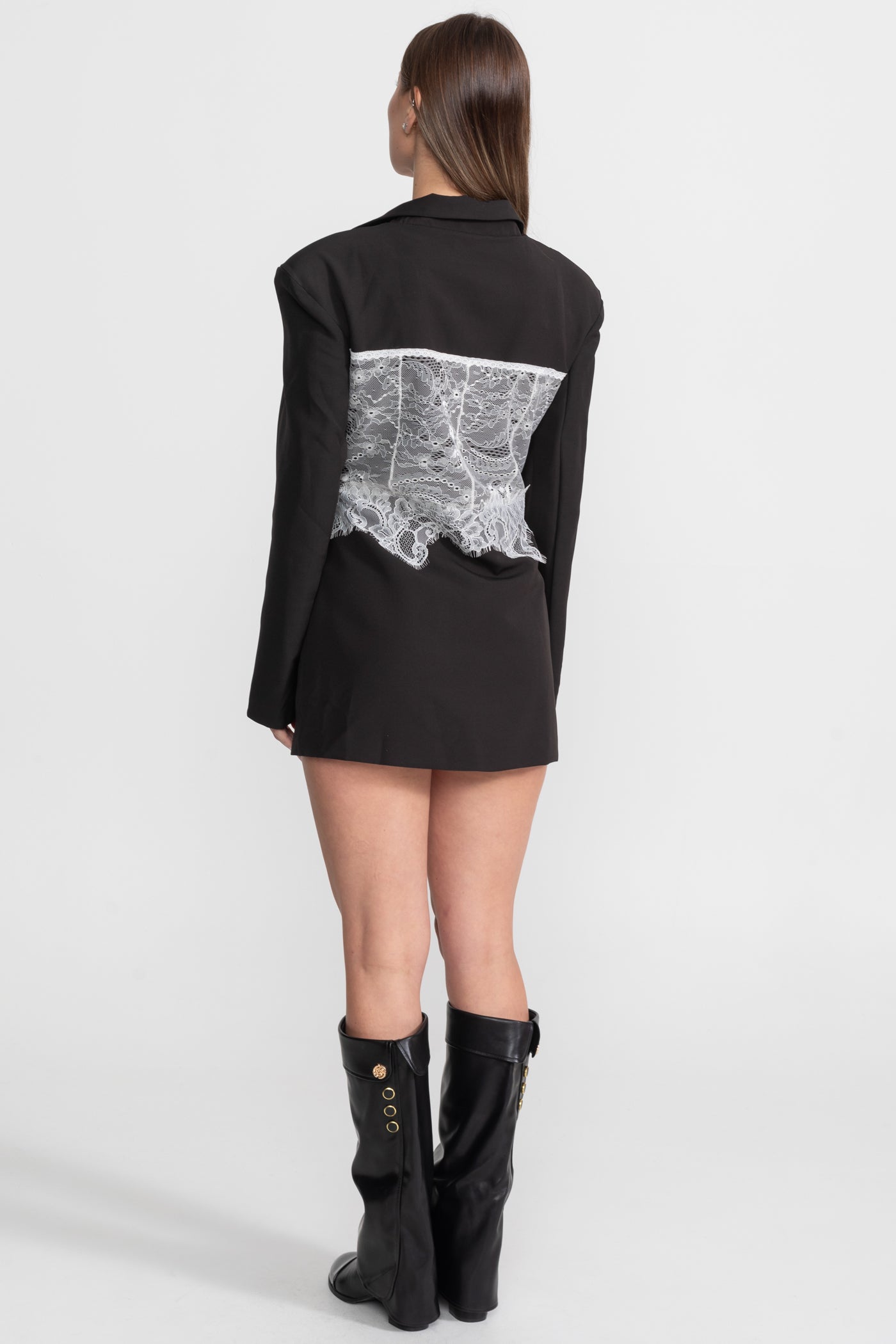 Lace Corset Blazer Dress With Deep V-neckline – Black