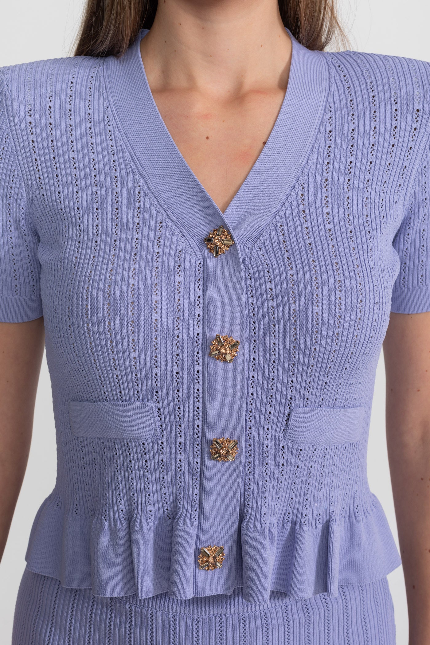 Ensemble Midi en Maille avec Taille Peplum et Boutons Dorés – Lilas