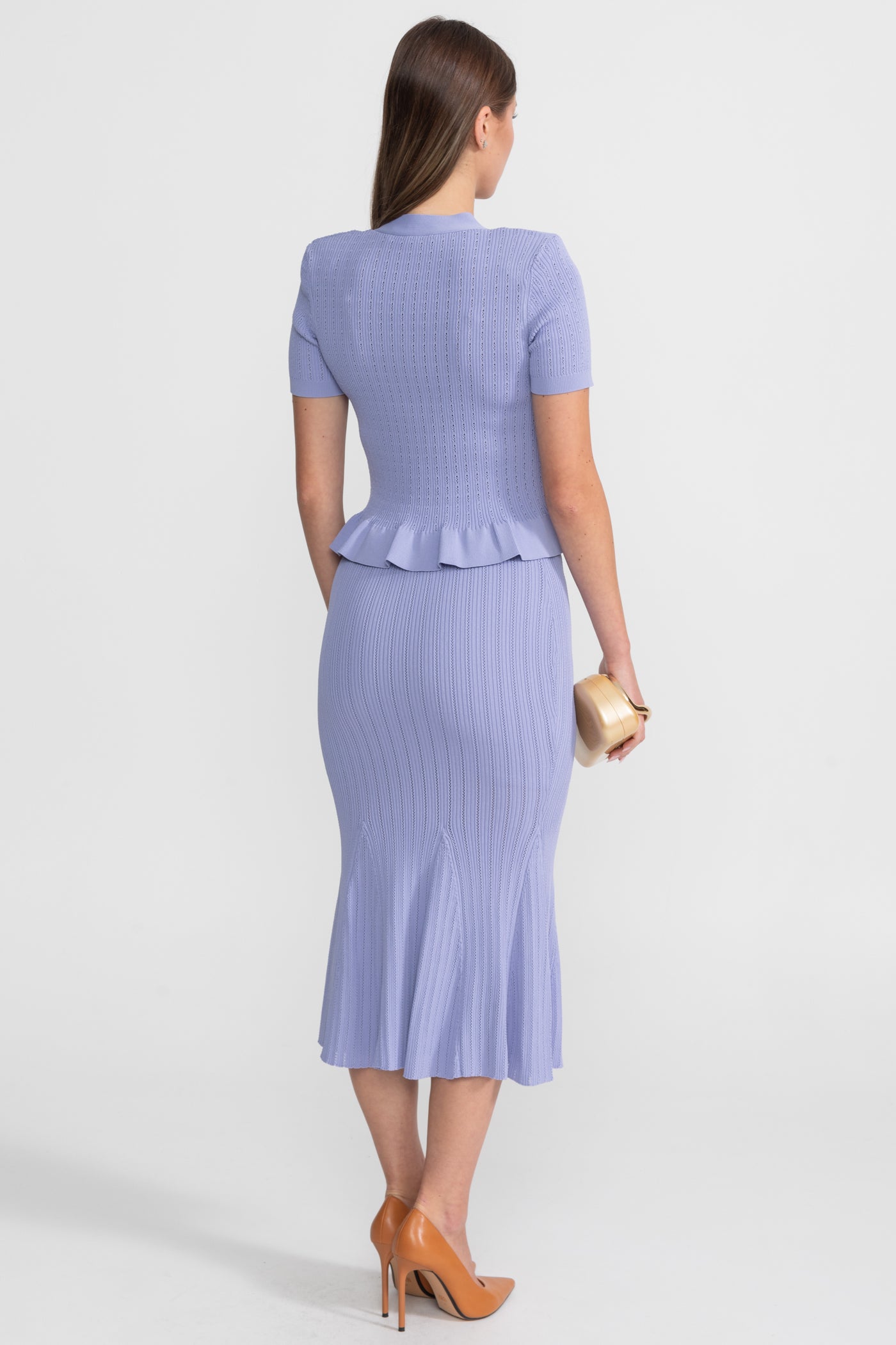 Ensemble Midi en Maille avec Taille Peplum et Boutons Dorés – Lilas
