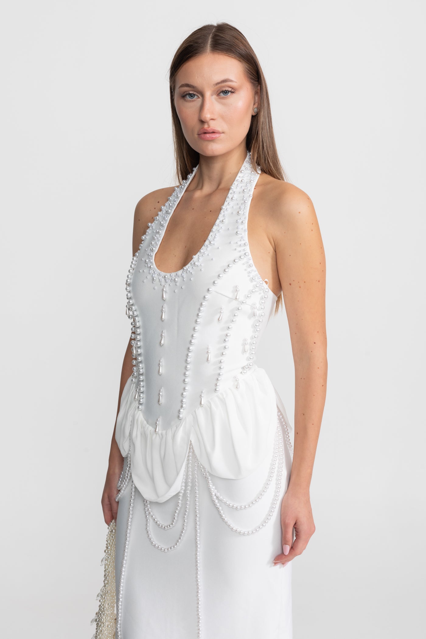 Embellished Halter Maxi Dress With Gathered Peplum Detail – White