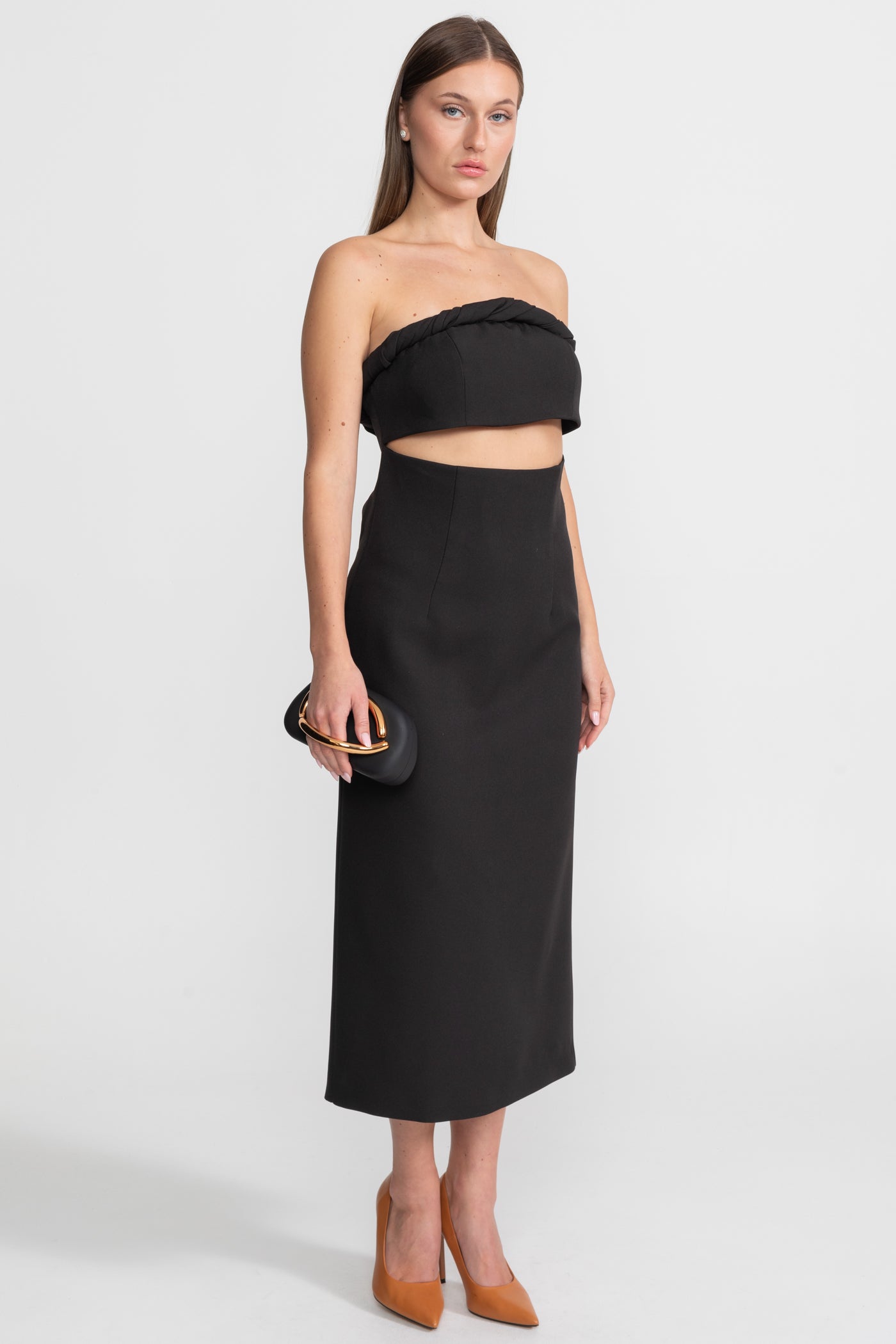 Robe Midi Bustier Découpée Avec Détail Bandeau Torsadé – Noir