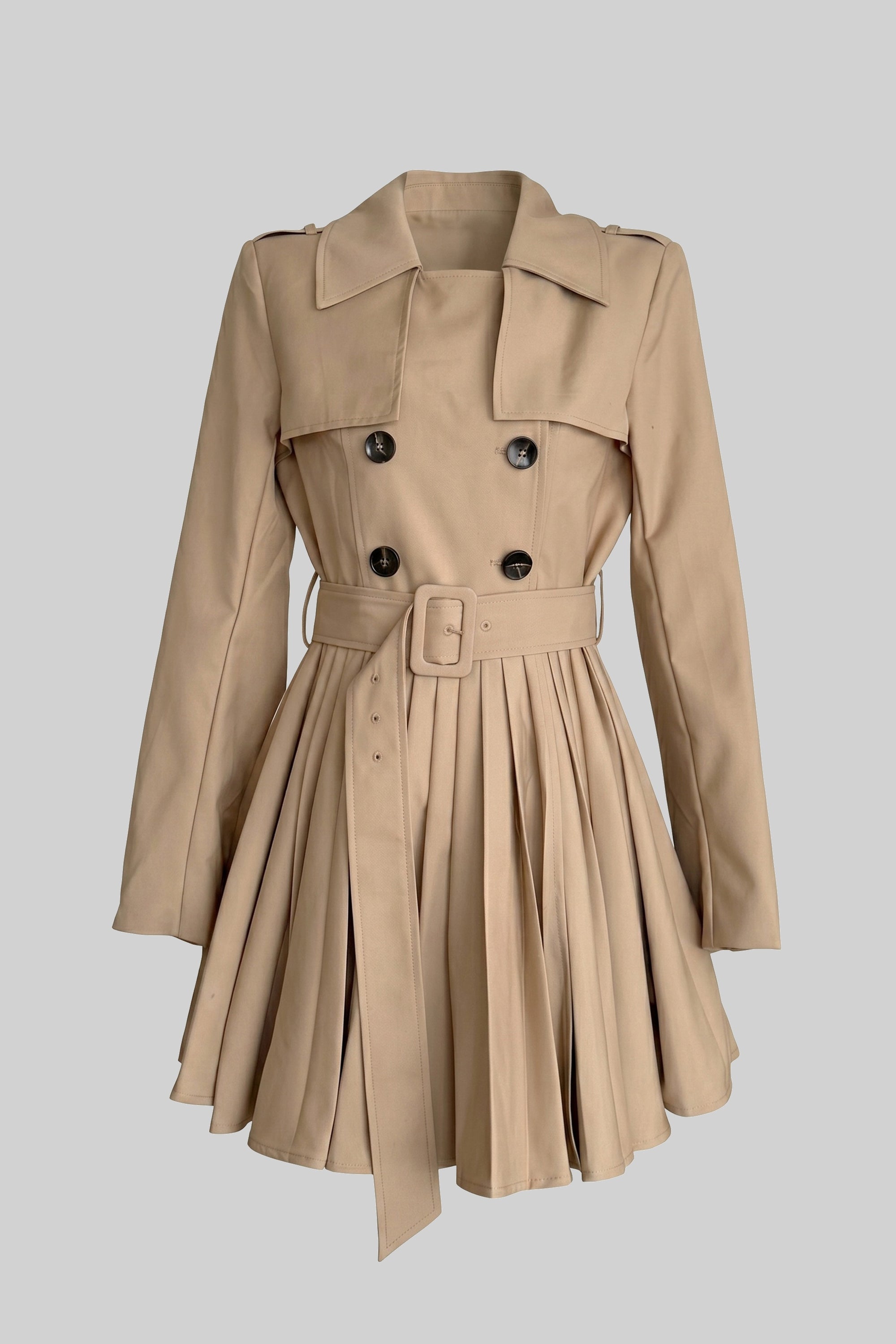 Manteau trench croisé ceinturé avec jupe plissée - Khaki