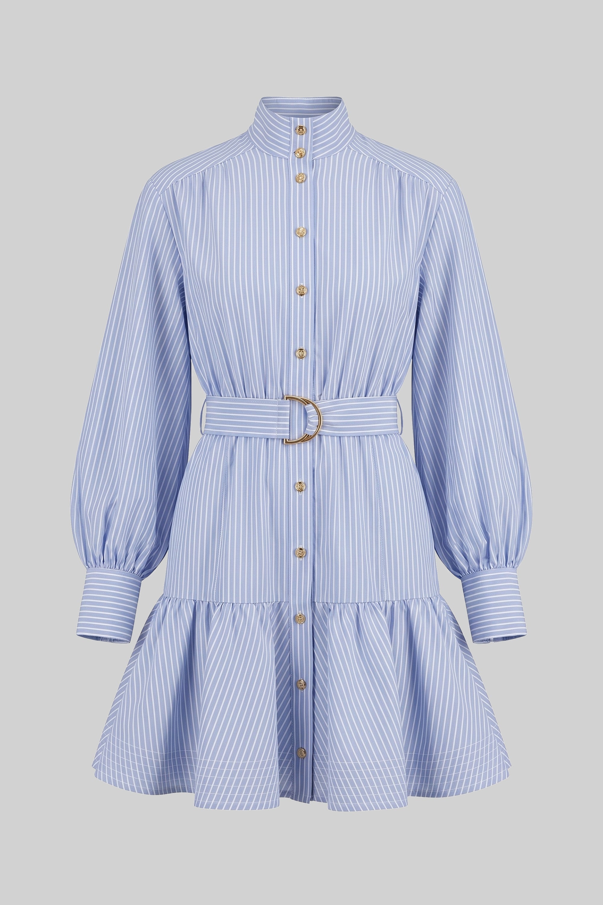 Robe mini à rayures avec ceinture, col montant et manches ballon - Bleu