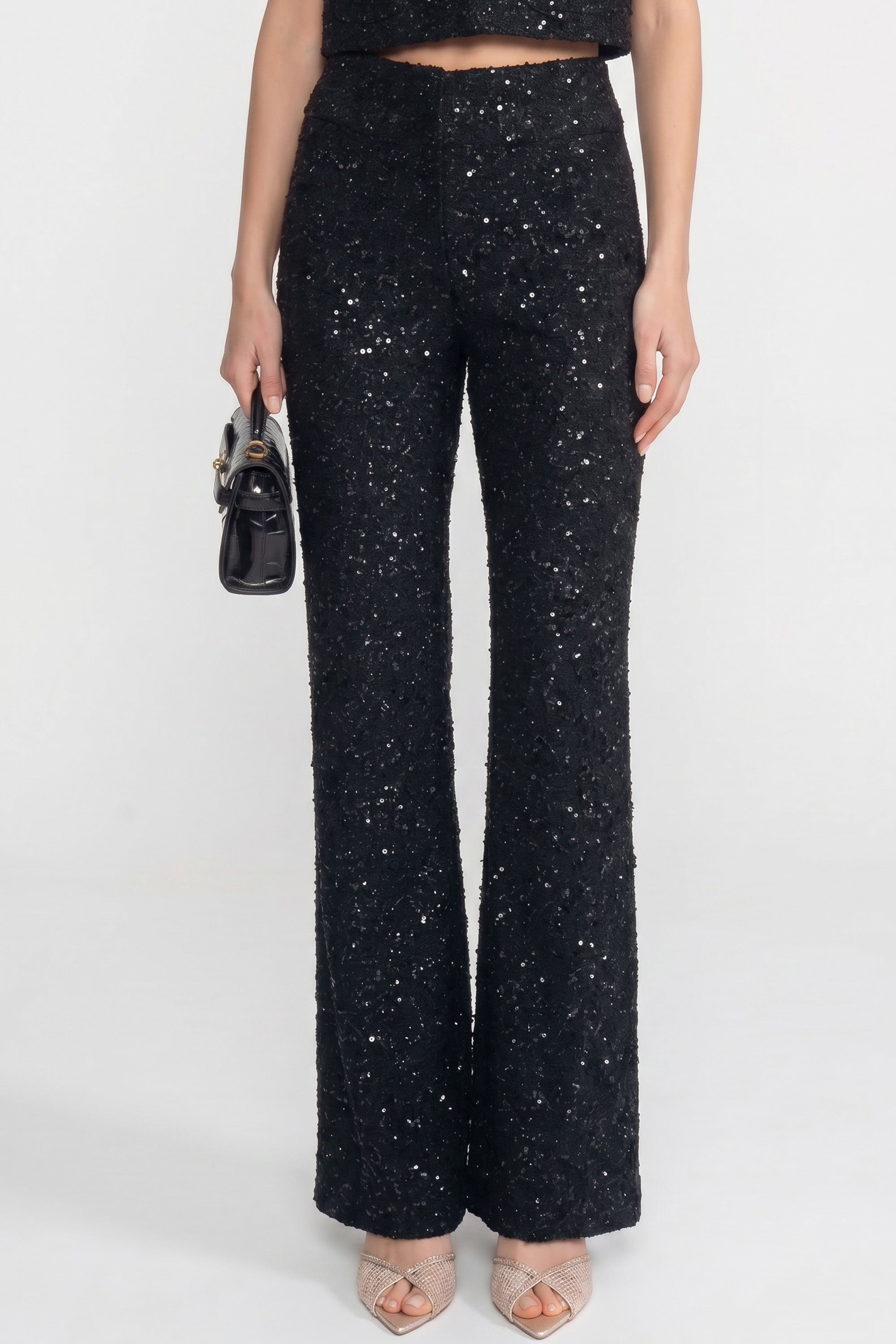 Pantalon large en tweed avec détail pailleté - Noir