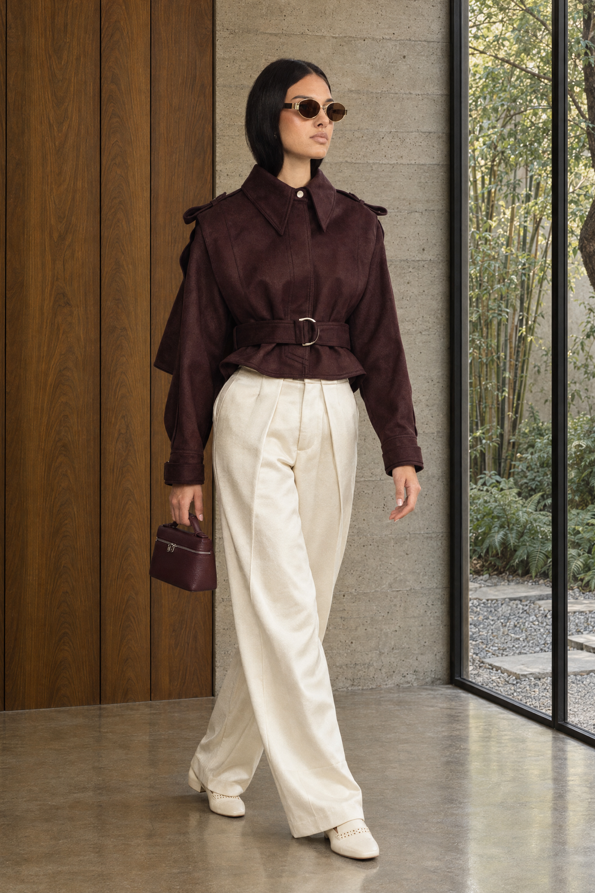 Cape-jacket en daim ceinturée - bordeaux