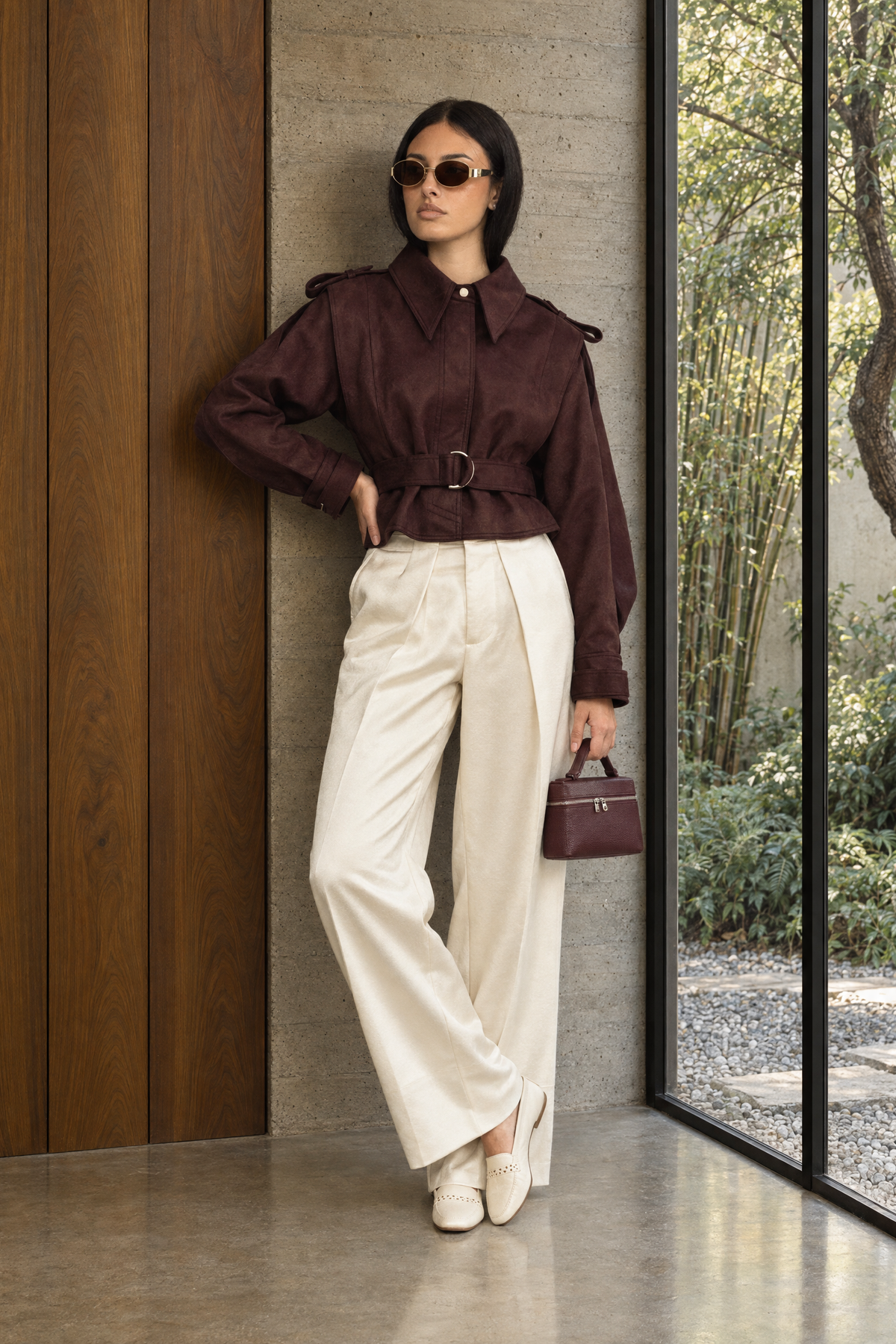 Cape-jacket en daim ceinturée - bordeaux