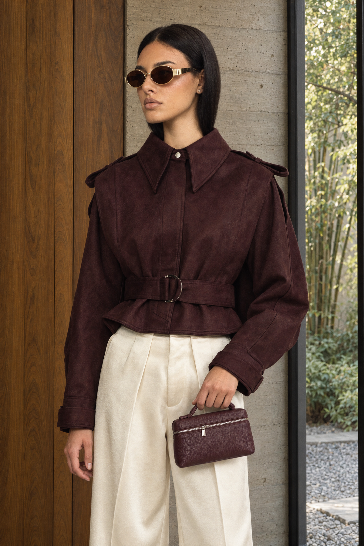 Cape-jacket en daim ceinturée - bordeaux