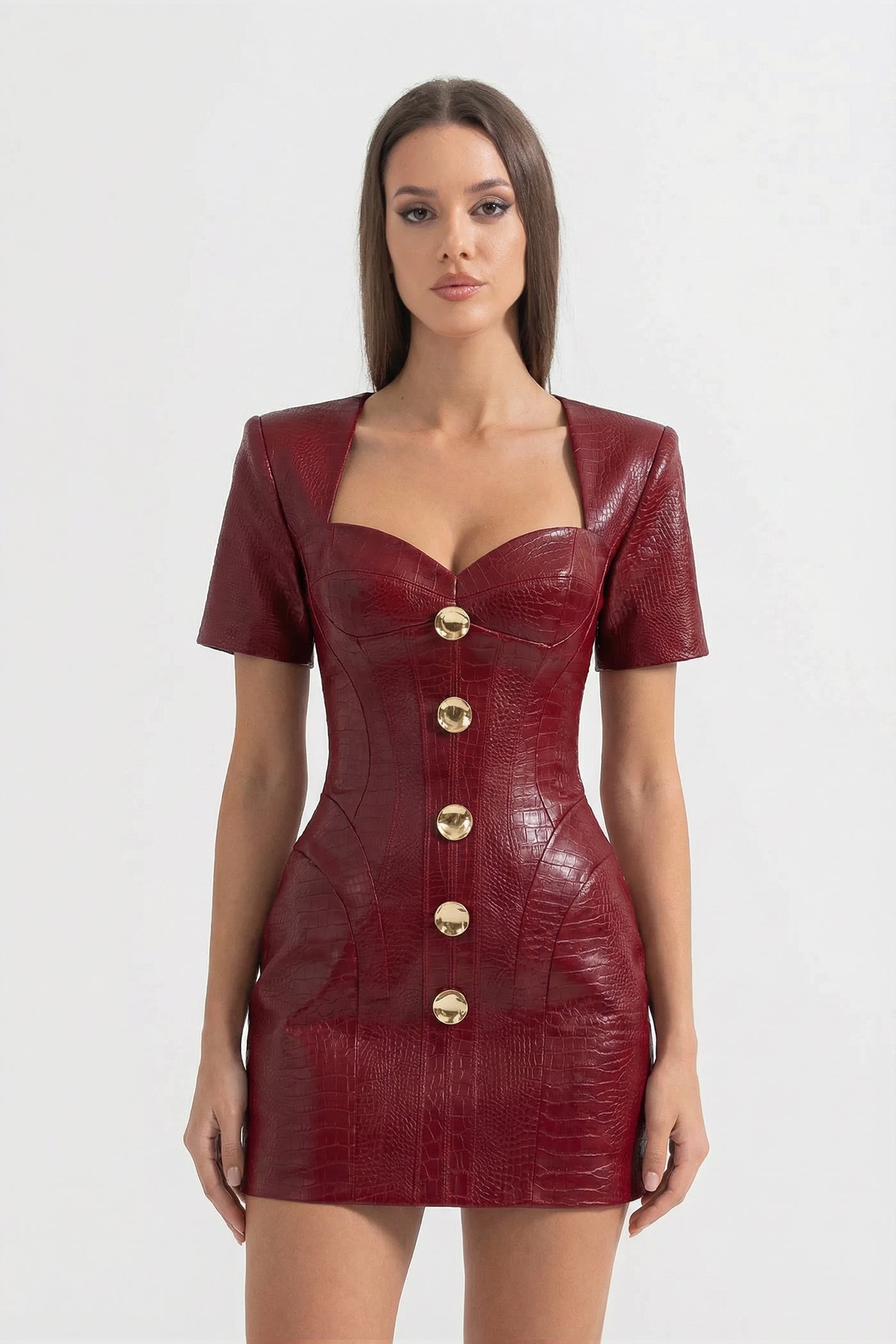 Croc-Effect Mini Dress With Gold Button Front - Red