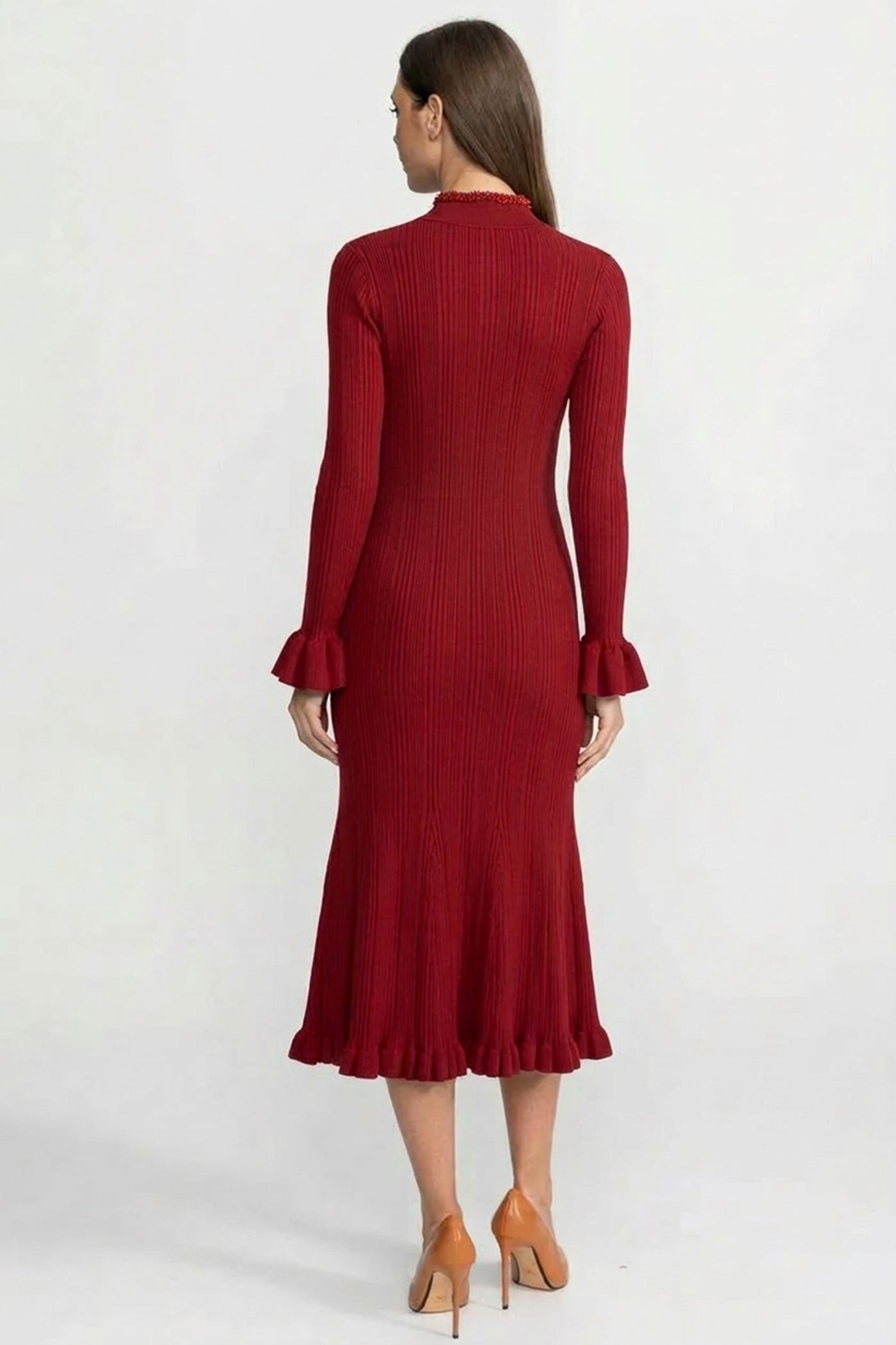 Robe Midi à Manches Longues Côtelées avec Détails de Bordure Tressée - Bordeaux