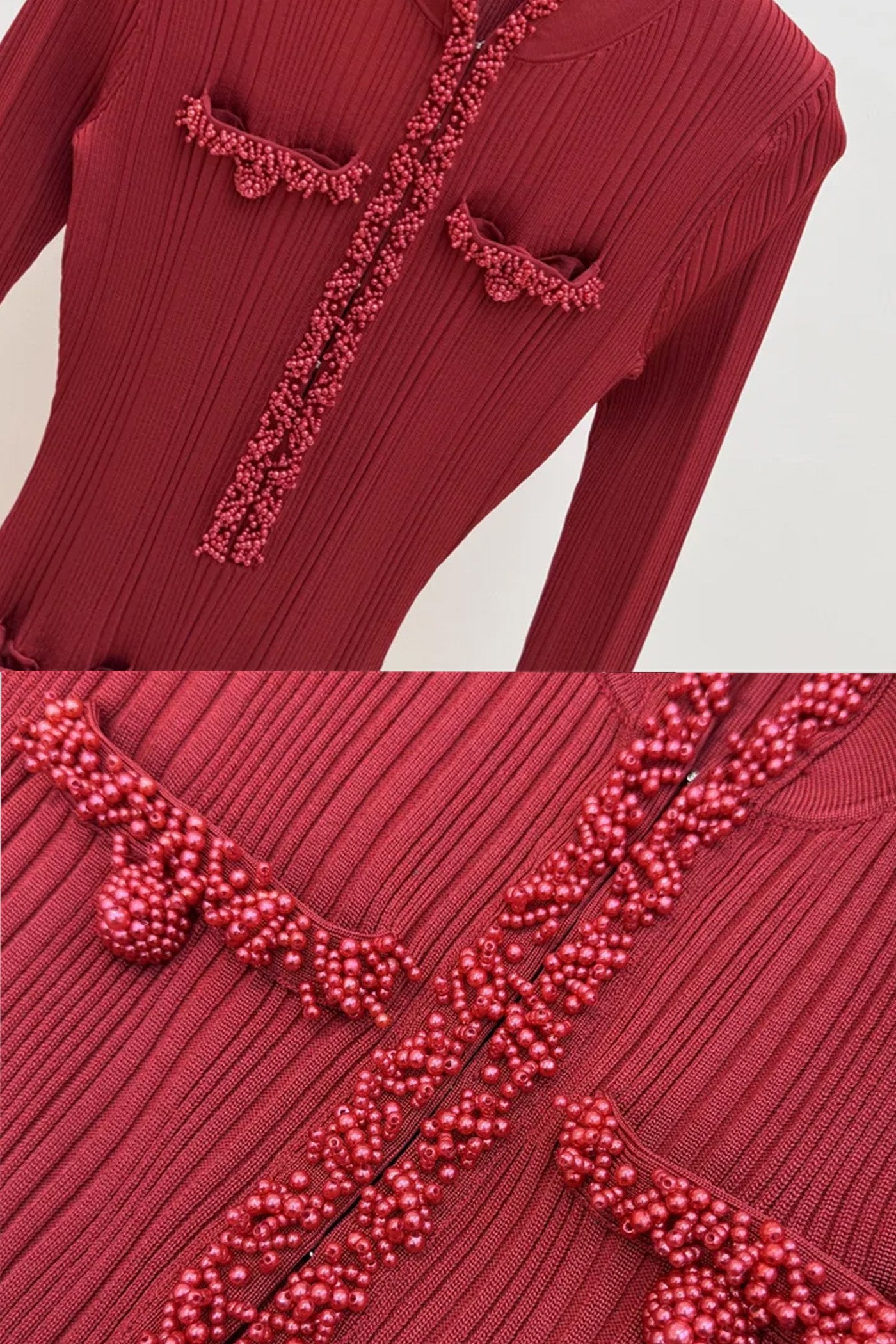 Robe Midi à Manches Longues Côtelées avec Détails de Bordure Tressée - Bordeaux