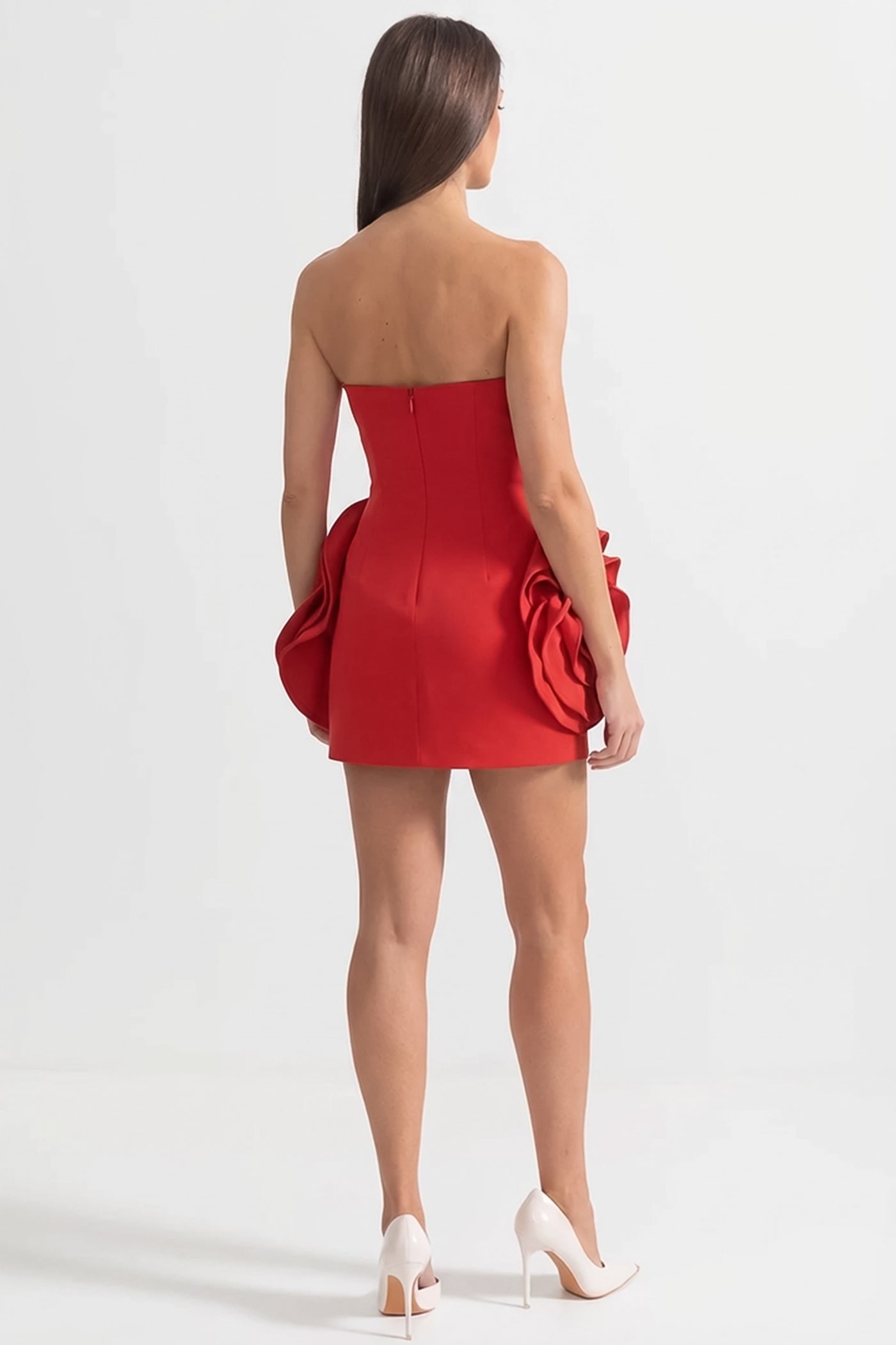 Strapless Sculptural Mini Dress with 3D Floral Appliqués – Red