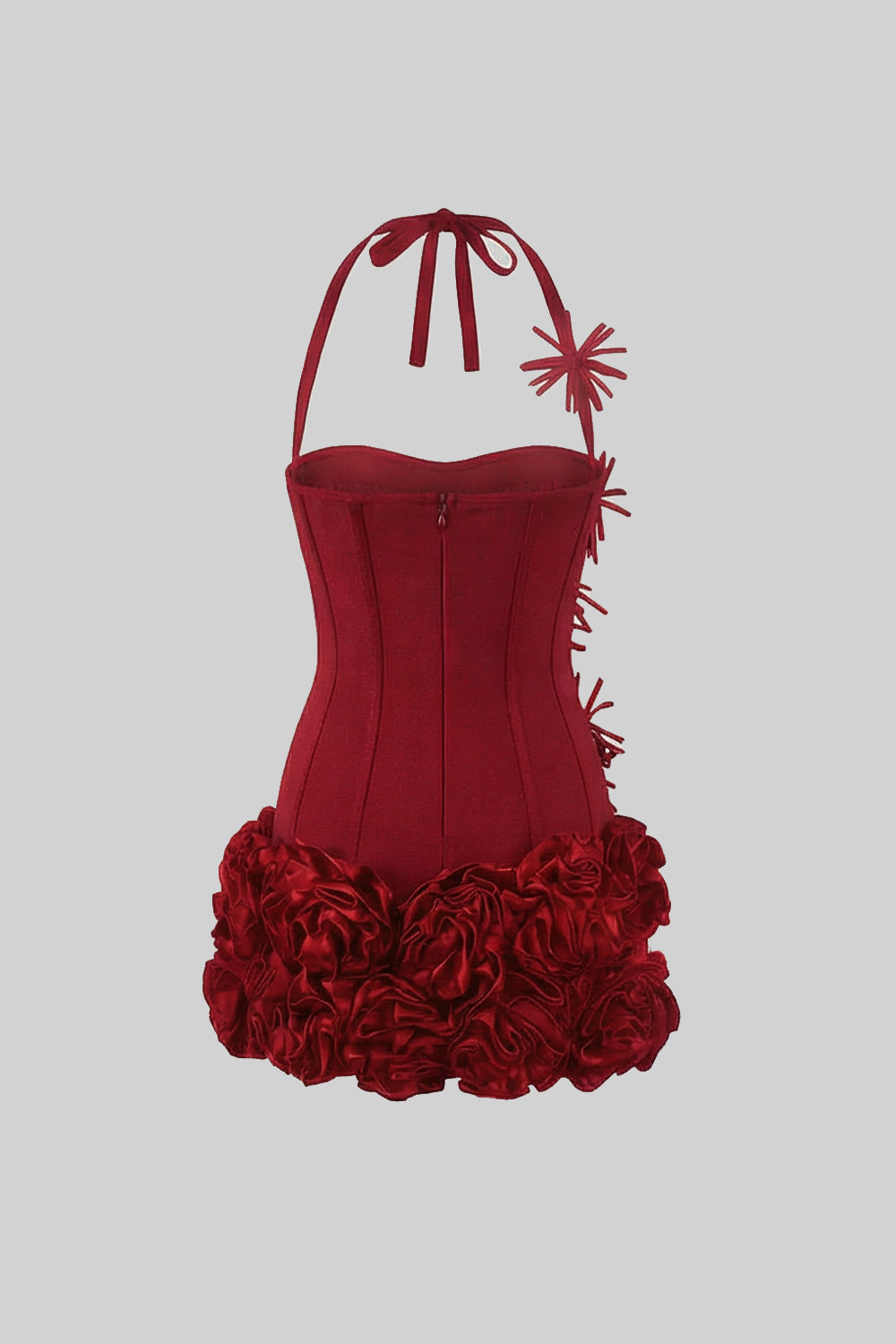 Corset Mini Dress with Sculpted Floral Hem – Red