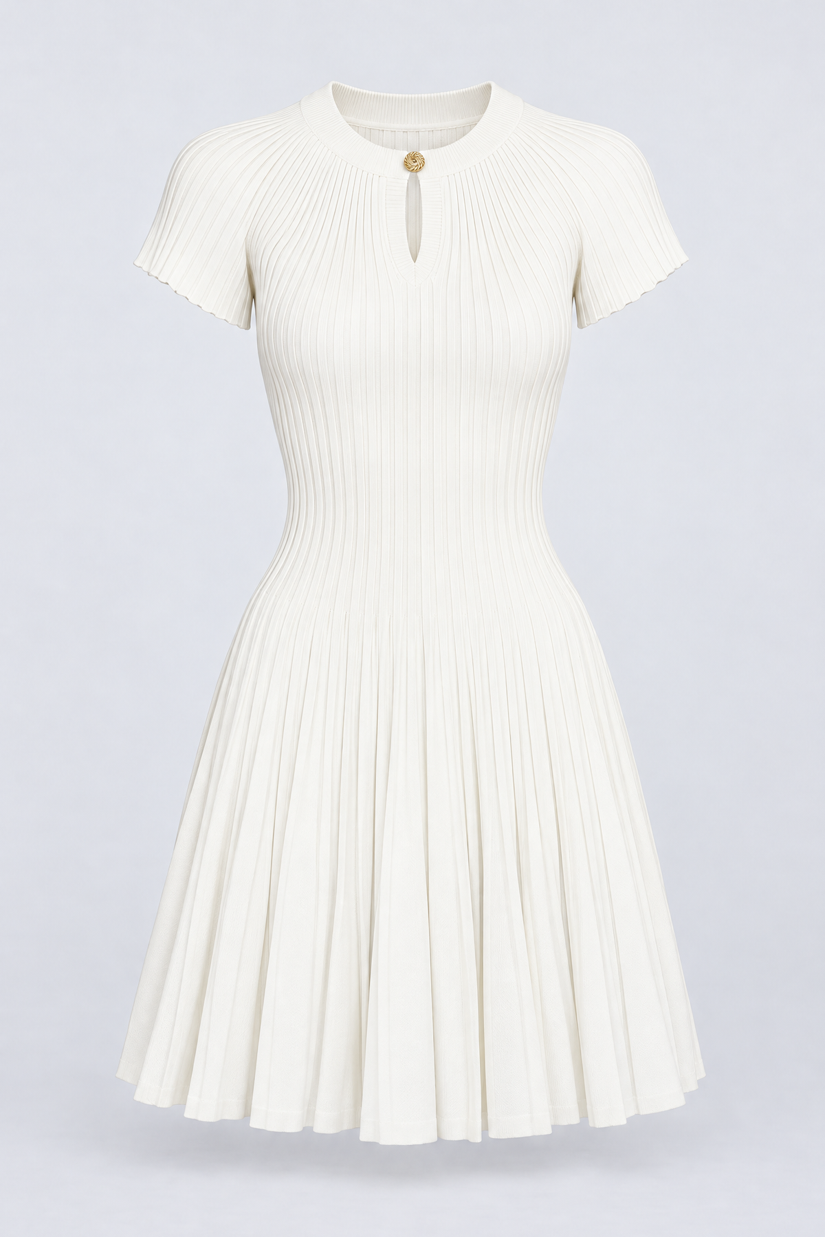 Robe Mini en Maille Côtelée avec Encolure Clé à Bouton Doré - Blanc