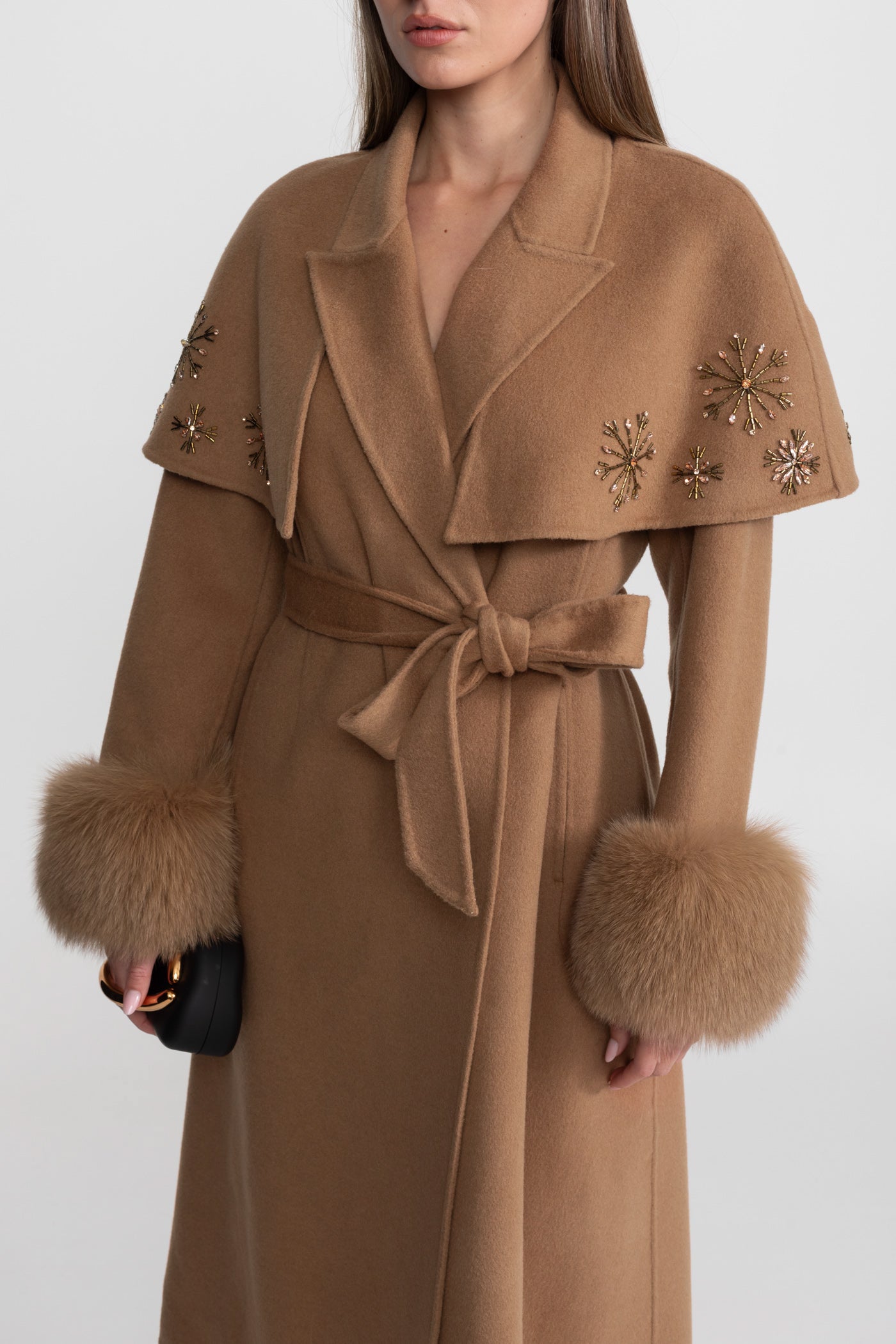 Embellished Wool Coat with Fox Fur Cuffs And Cape Overlay - Light Brown