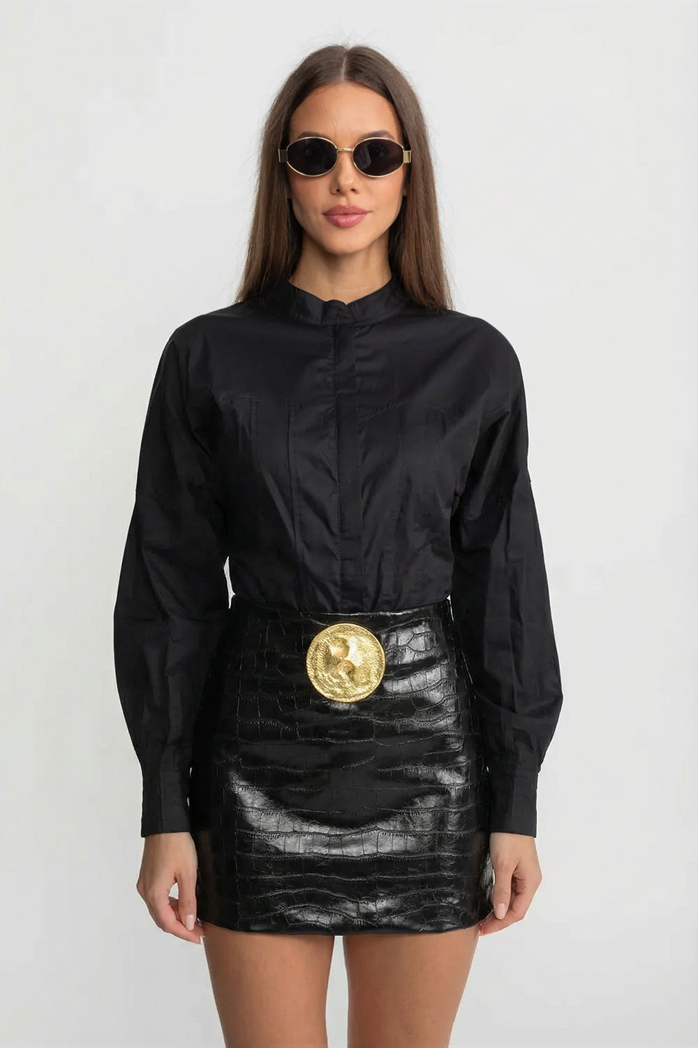 Croc-Effect Mini Skirt With Statement Gold Button - Black