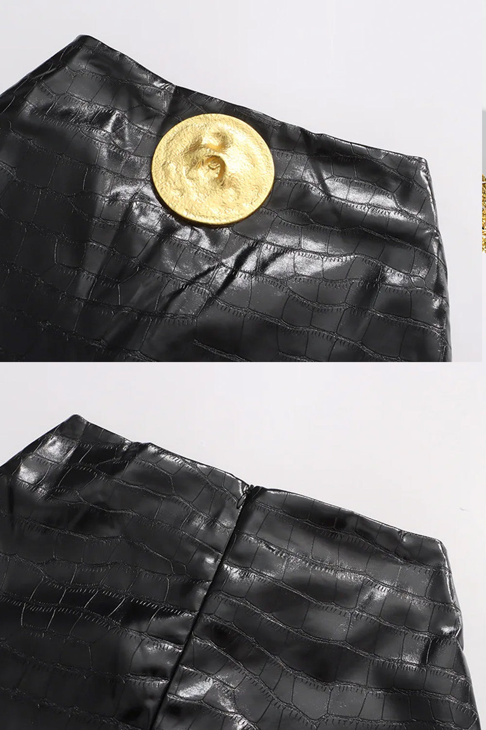 Croc-Effect Mini Skirt With Statement Gold Button - Black