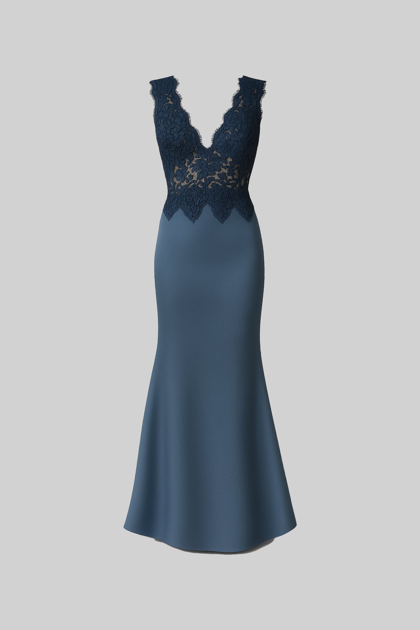 Élégante robe de soirée sans manches avec silhouette ajustée, détails en dentelle et jupe en satin - bleu sarcelle
