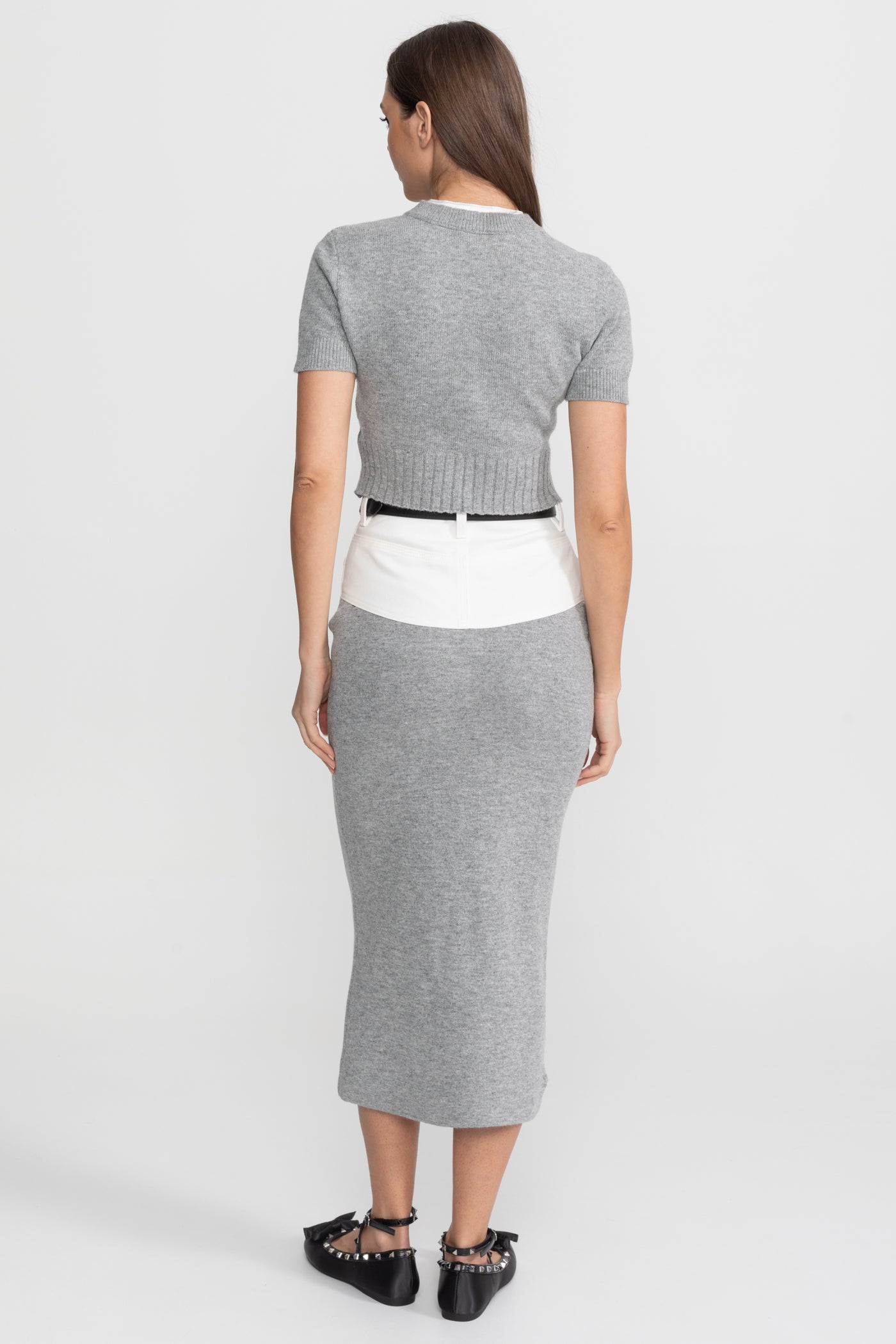 Ensemble tricoté coordonné avec insert de chemise contrastée – Gris