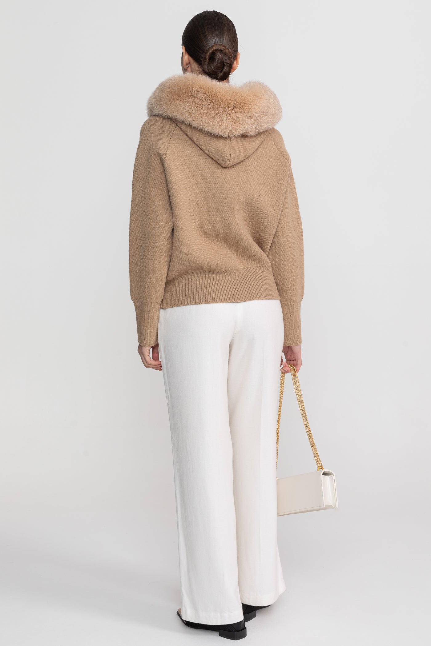 Zip-Up Wool Hoodie With Fox Fur Collar – Brown