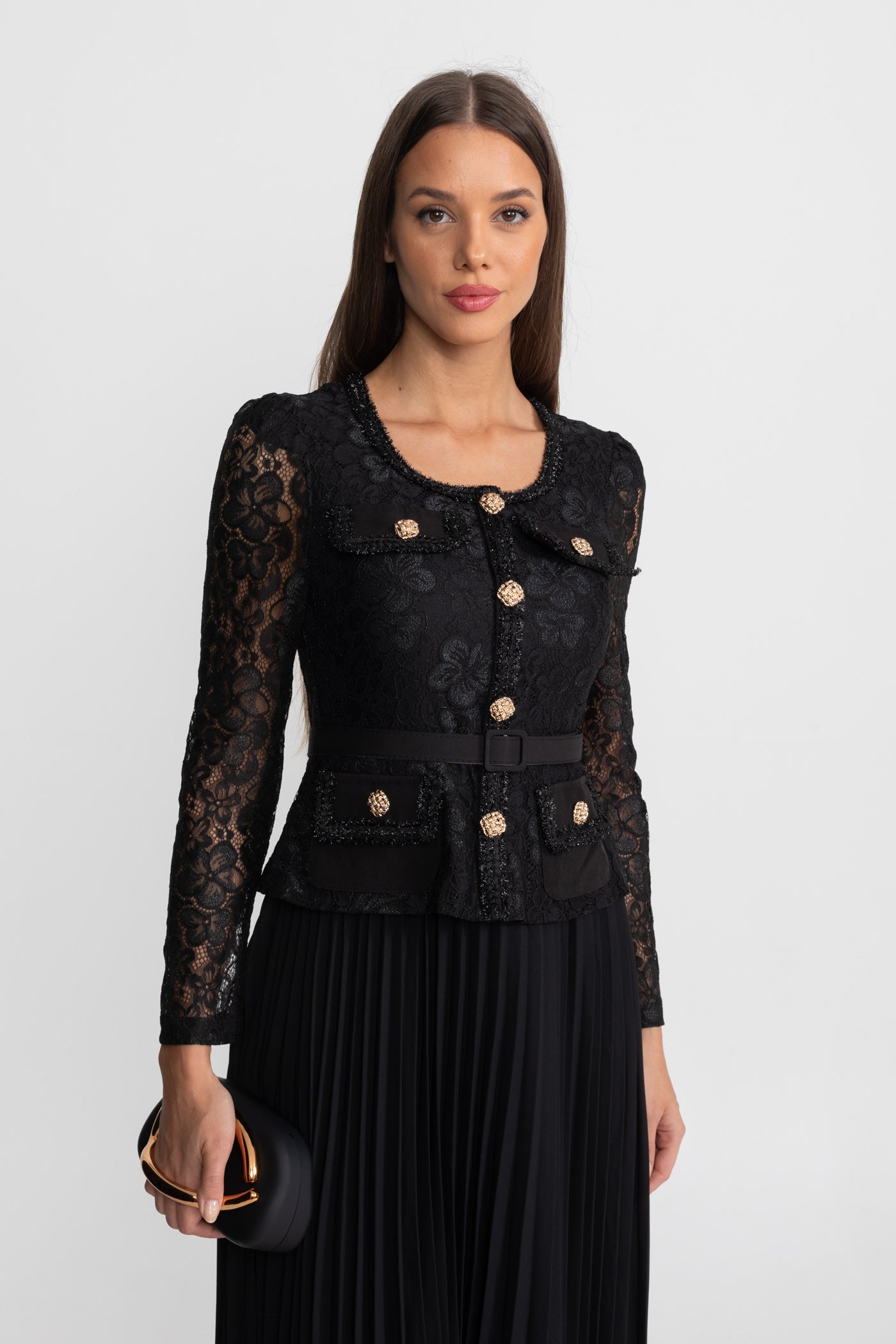 Robe midi en dentelle et plissée avec boutons dorés - Noir
