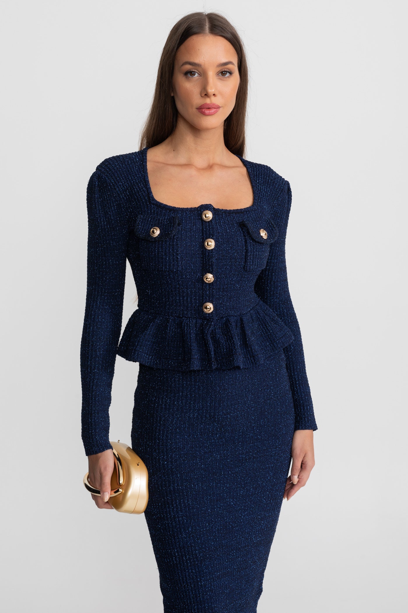 Robe en maille texturée avec taille peplum et boutons dorés - Bleu foncé