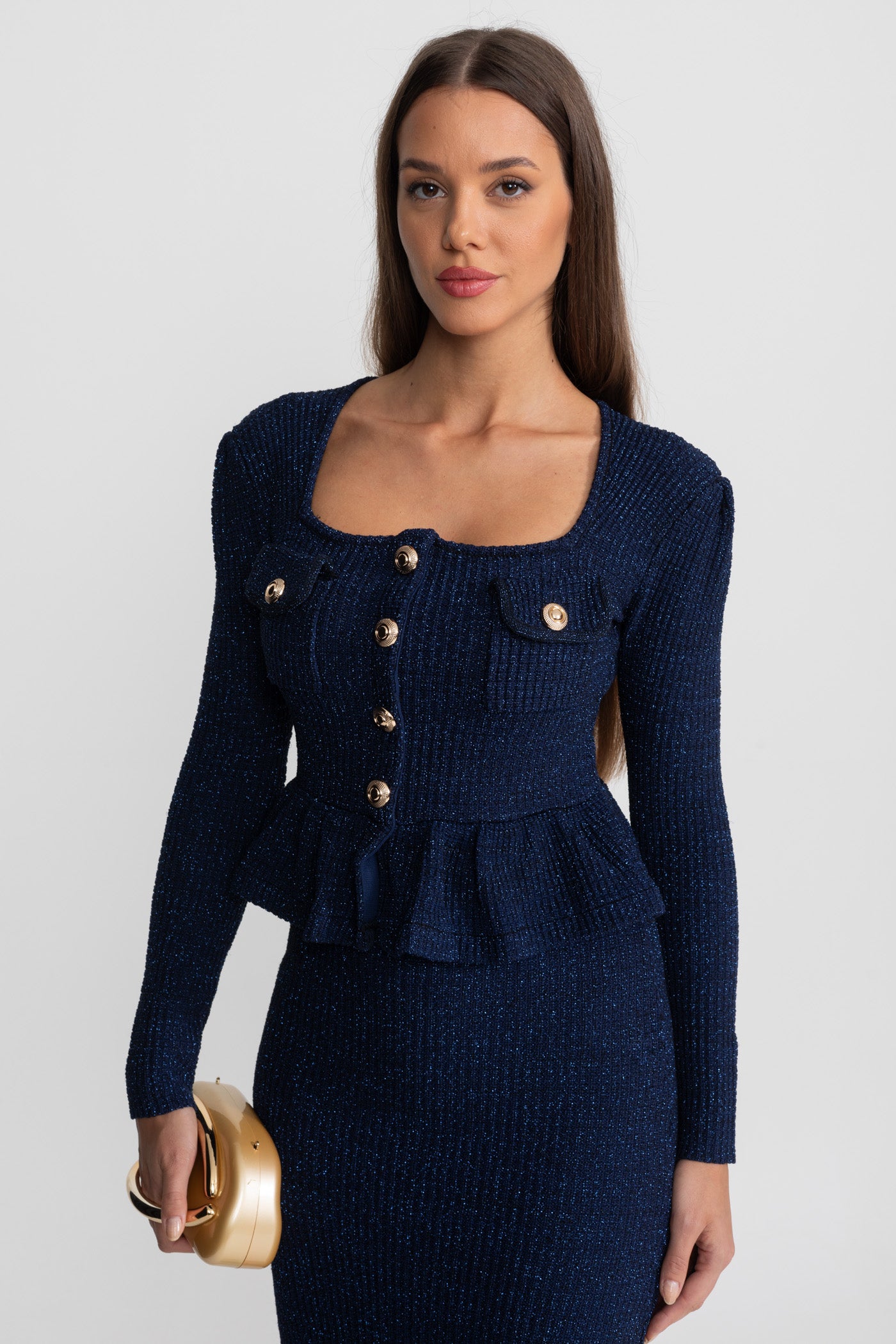Robe en maille texturée avec taille peplum et boutons dorés - Bleu foncé